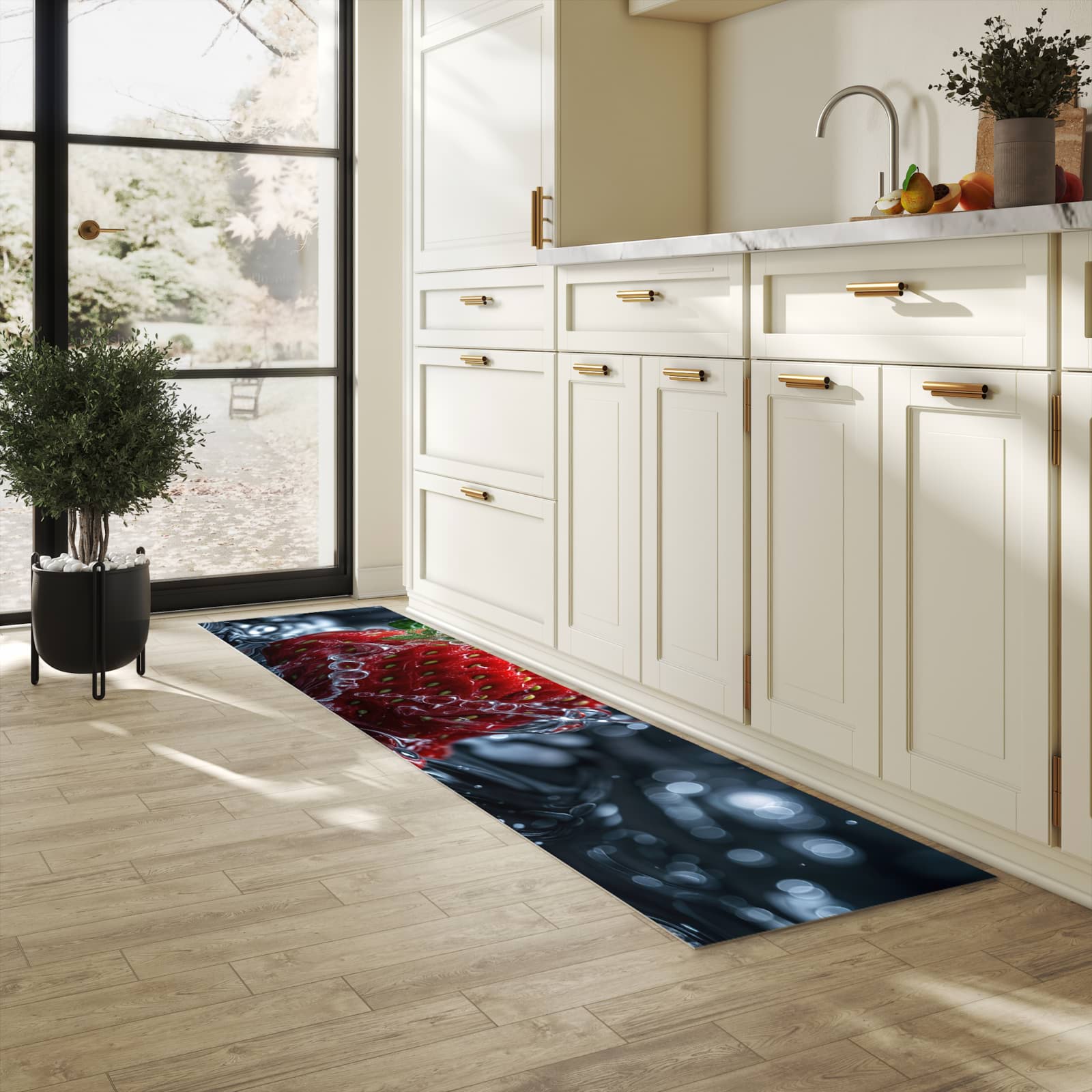 Geräuschdämpfender Küchenläufer mit Motiv Erdbeere im Wasser in heller Küche