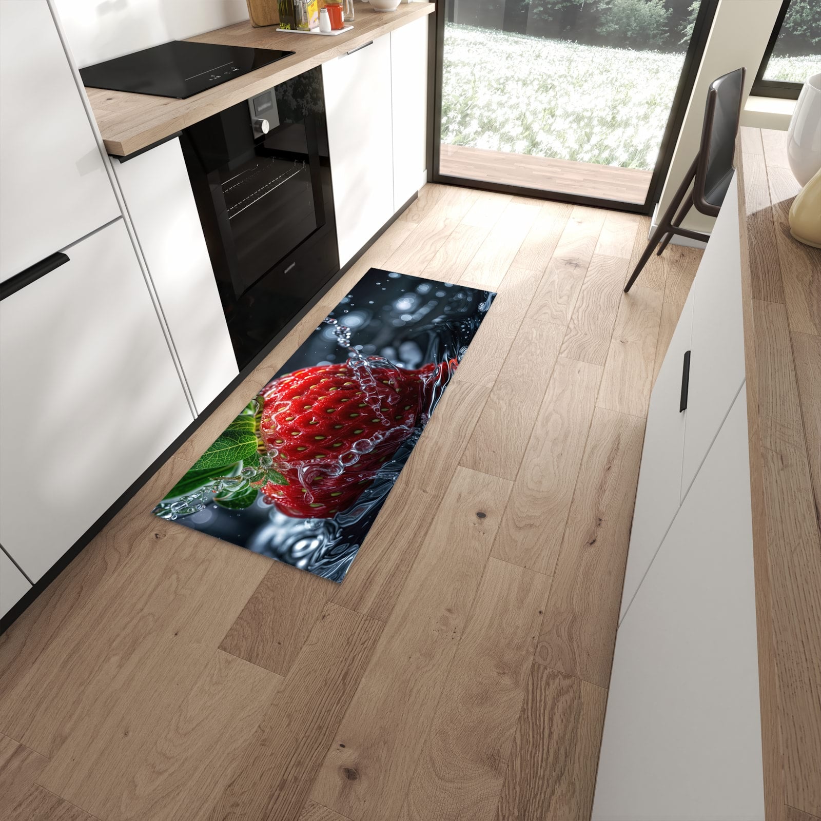 Pflegeleichter Teppich für Küche mit Motiv Erdbeere im Wasser in moderner Küche #grösse_60 x 150 cm
