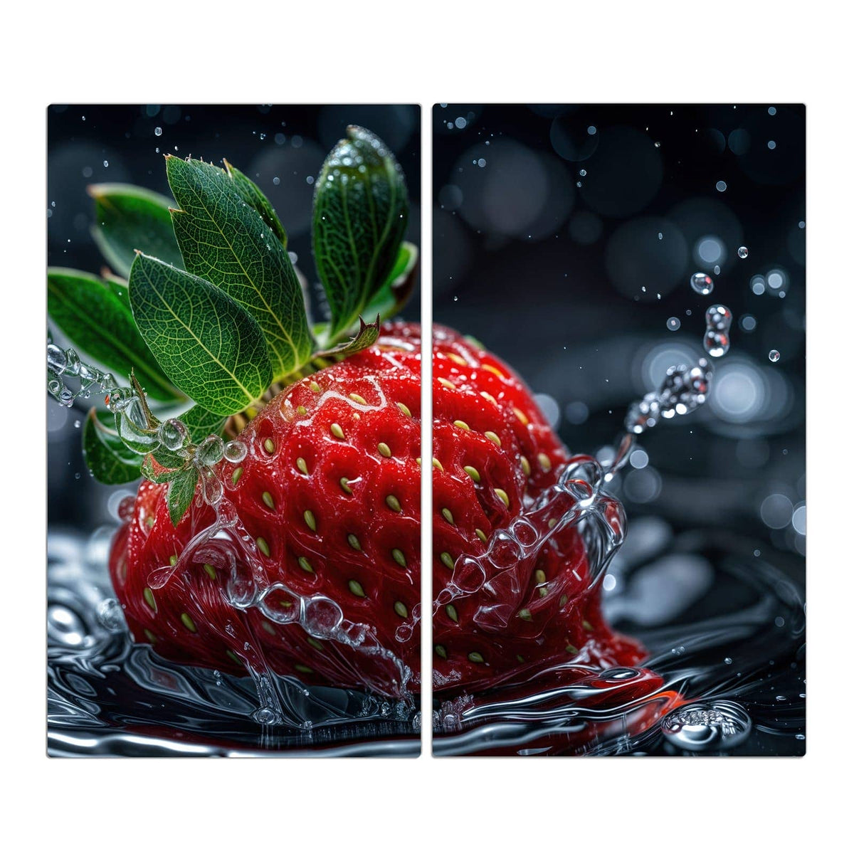 Große Erdbeere mit grünen Blättern und Wasserfilm vor schwarzem Bokeh