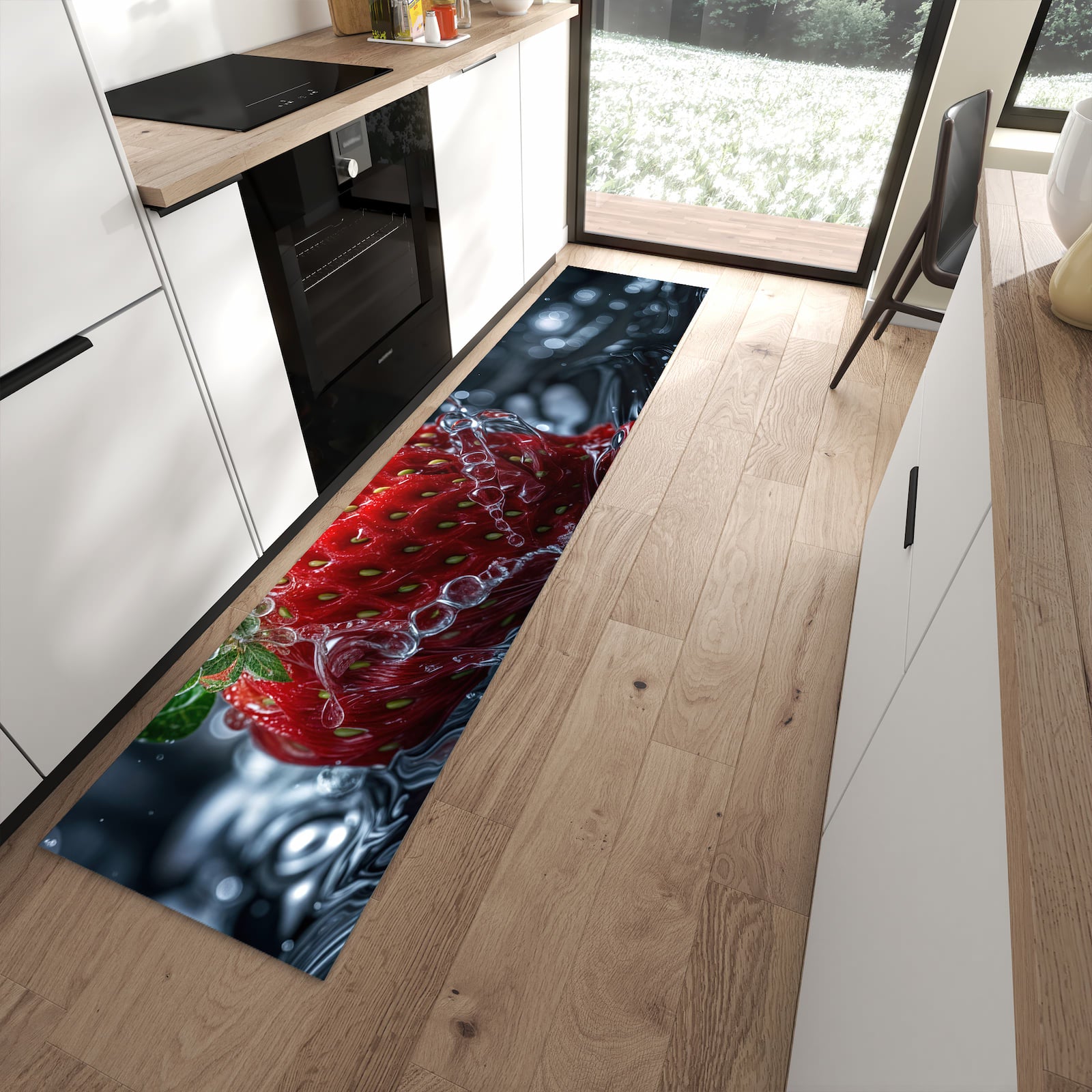 Pflegeleichter Küchenteppich mit Motiv Erdbeere im Wasser in moderner Küche