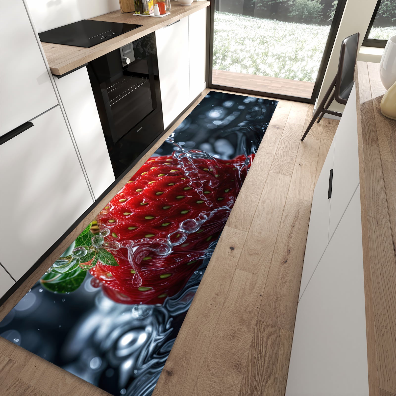 Rutschfester Küchenläufer mit Motiv Erdbeere im Wasser in moderner Küche