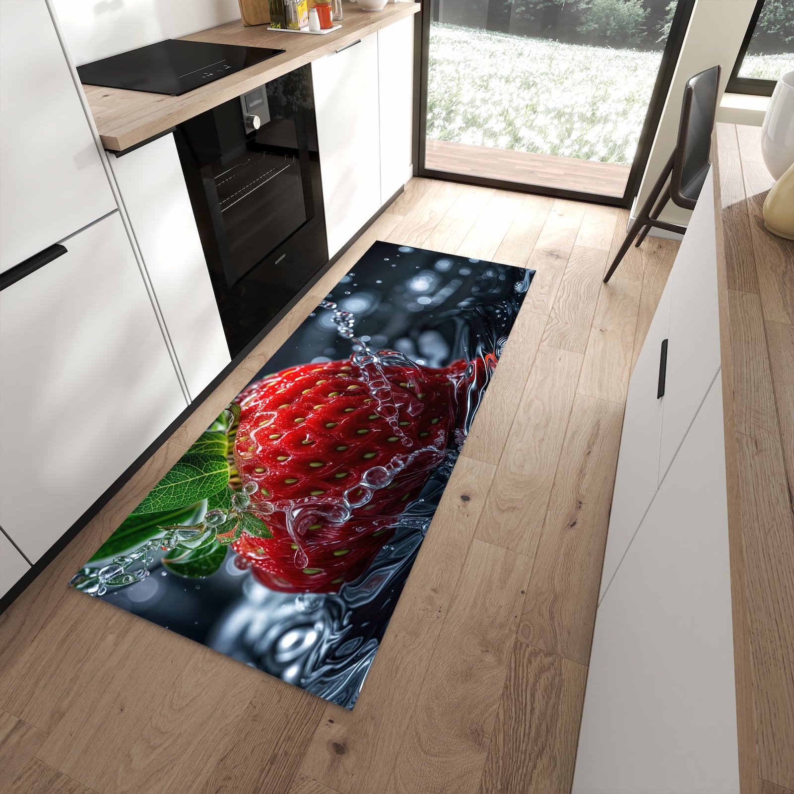 Strapazierfähiger Läufer für die Küche mit Motiv Erdbeere im Wasser in moderner Küche