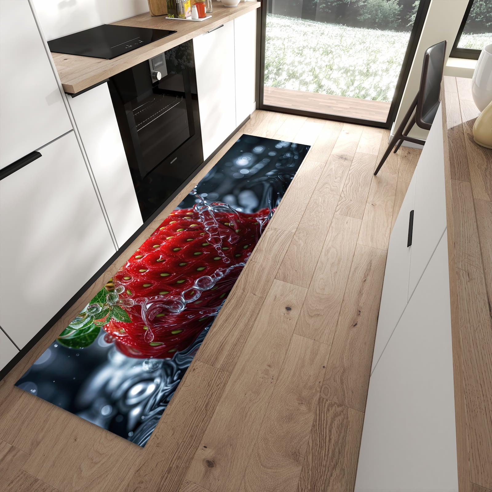 Rutschfester Küchenteppich mit Motiv Erdbeere im Wasser in moderner Küche