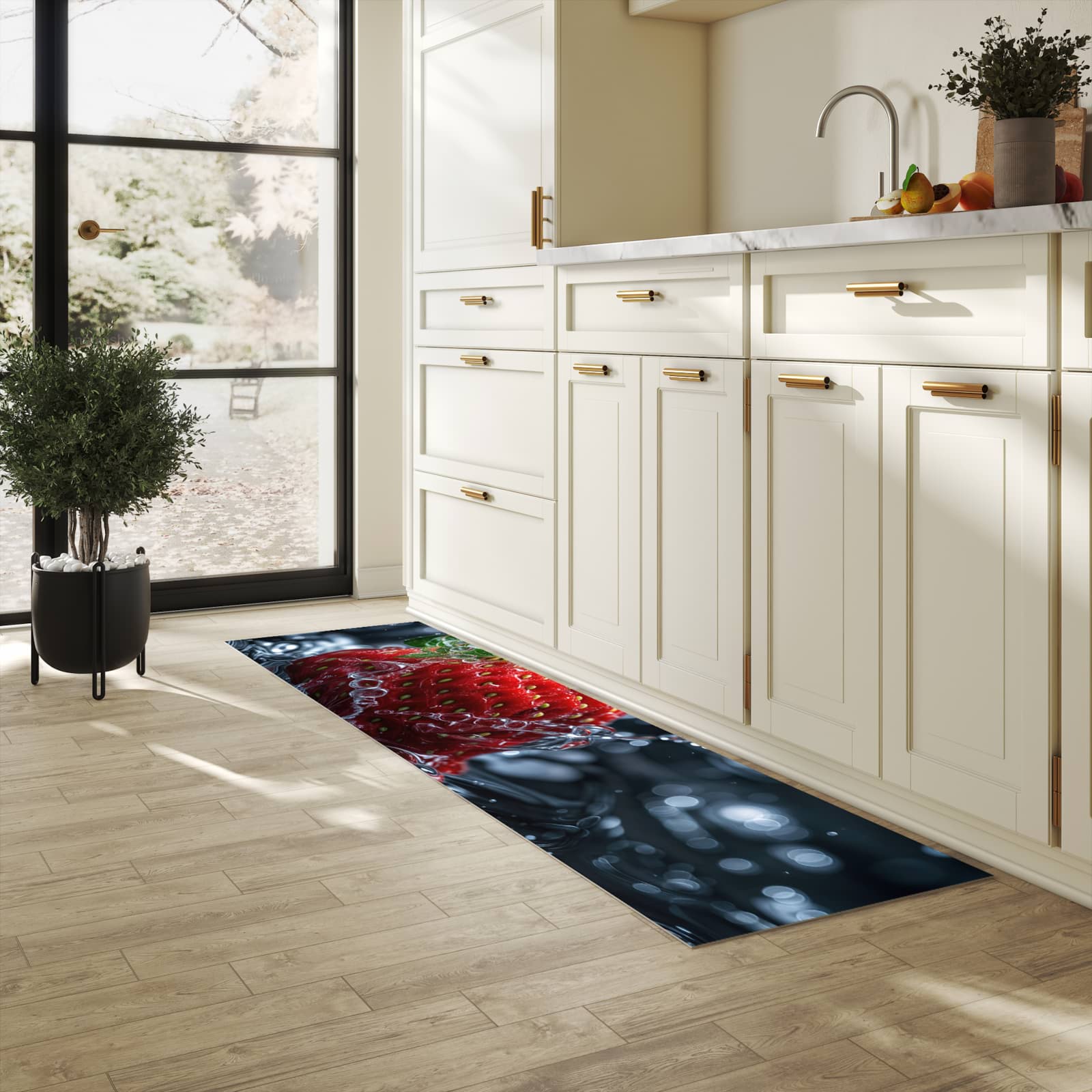 Zeitsparender waschbarer Küchenteppich mit Motiv Erdbeere im Wasser in heller Küche