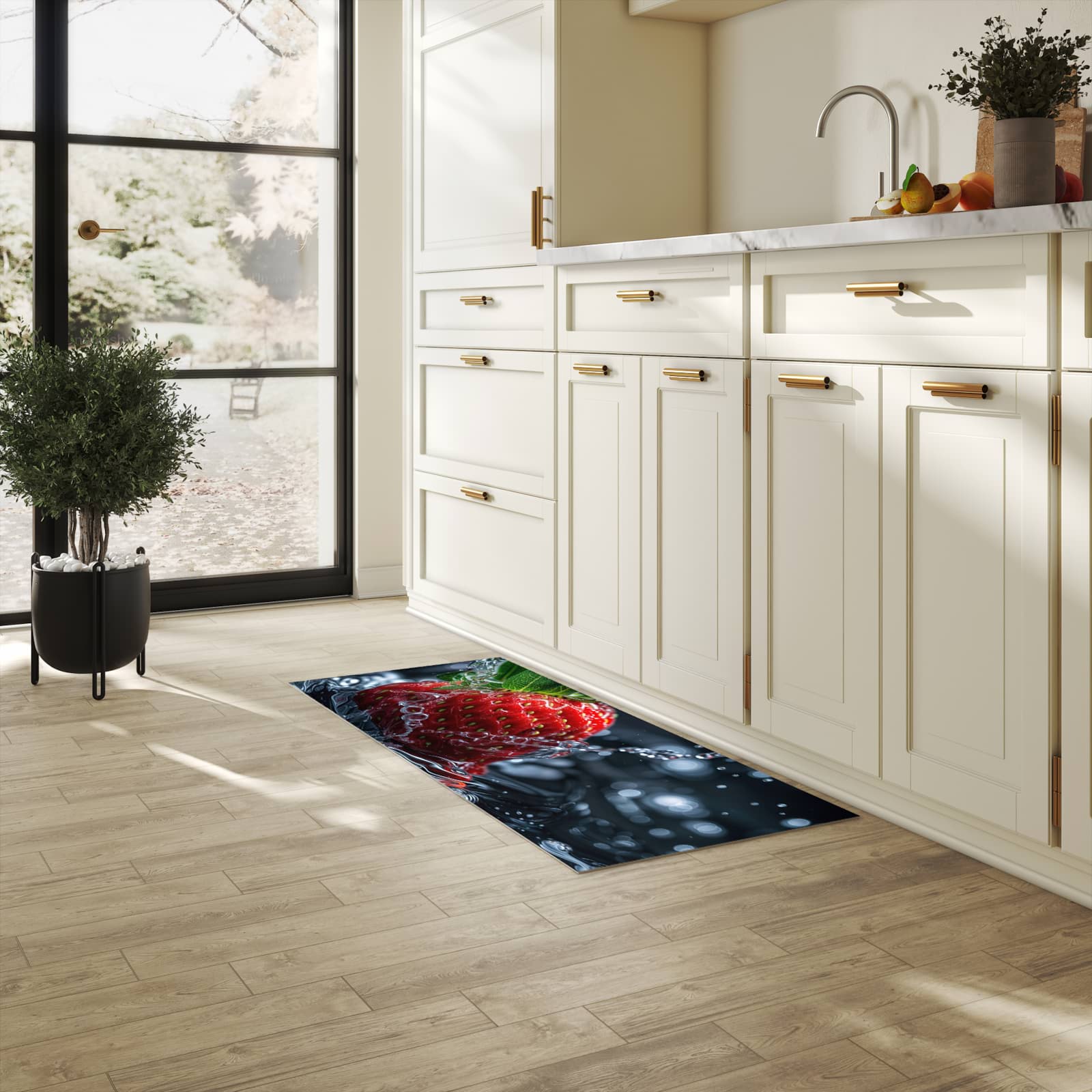 Formstabiler großer Küchenteppich mit Motiv Erdbeere im Wasser in heller Küche