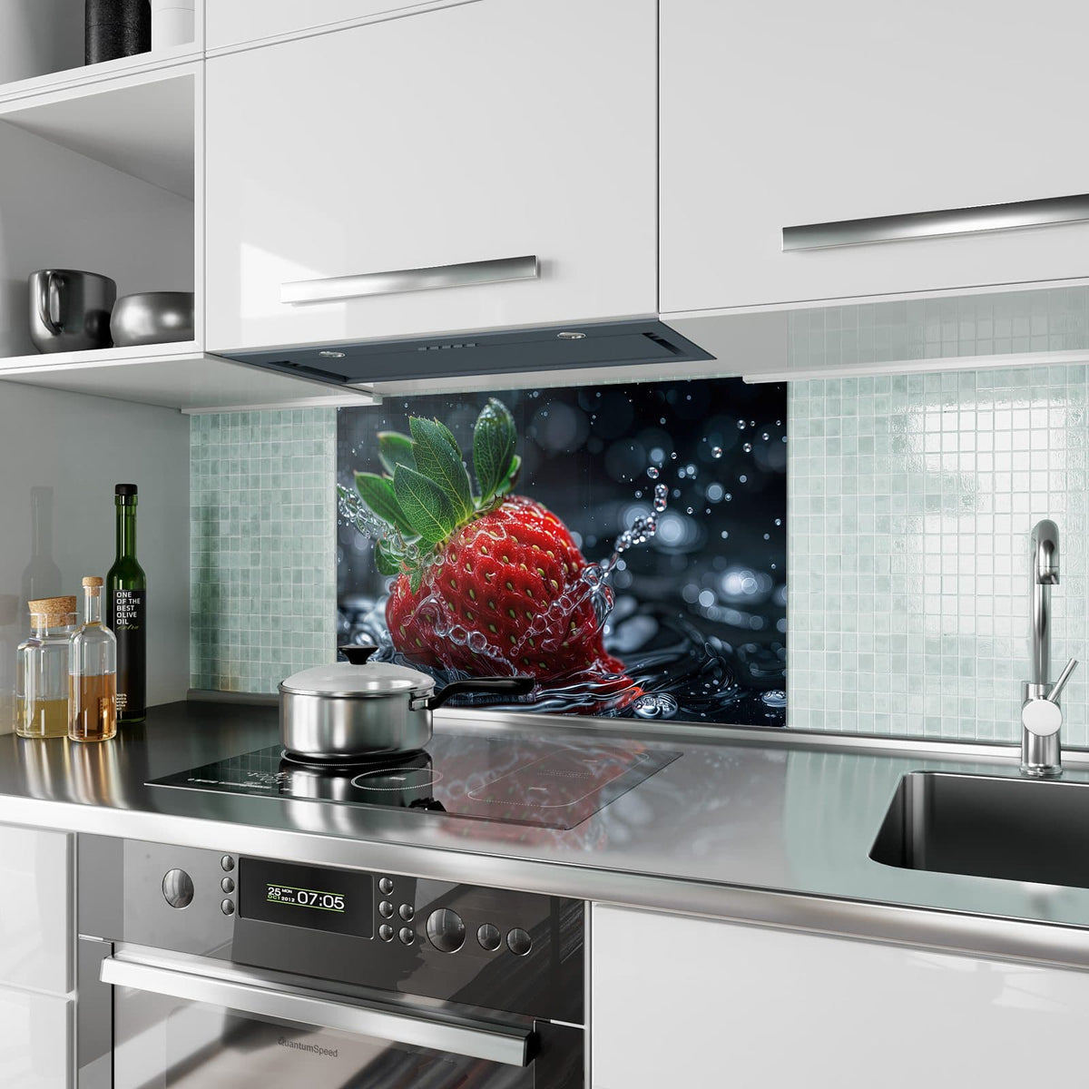 Küchenrückwand aus Glas Erdbeere auf Schwarz im Hochformat als Spritzschutz hinter dem Kochfeld, über dem Fliesenspiegel montiert