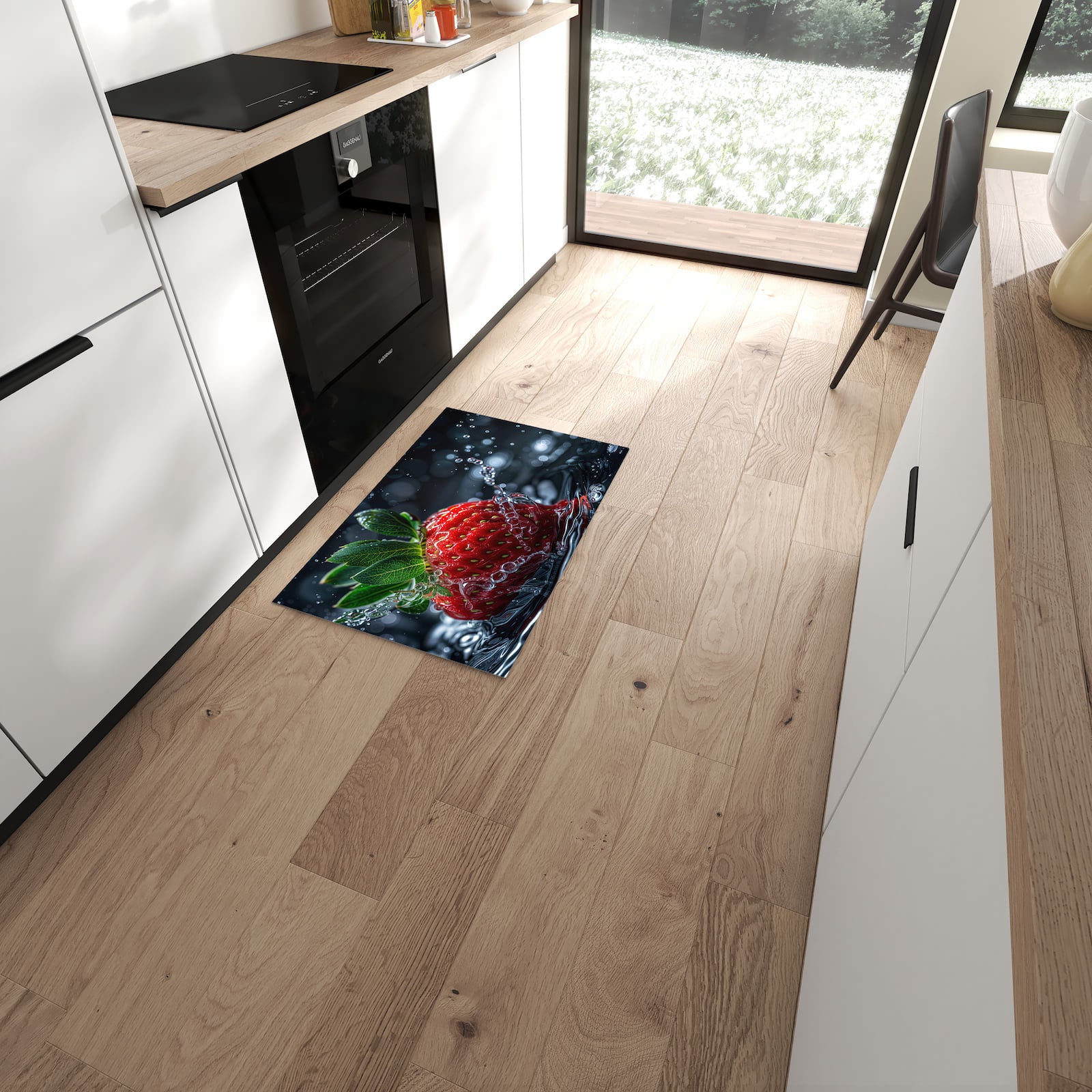 Hygienischer Küchenteppich mit Motiv Erdbeere im Wasser in moderner Küche