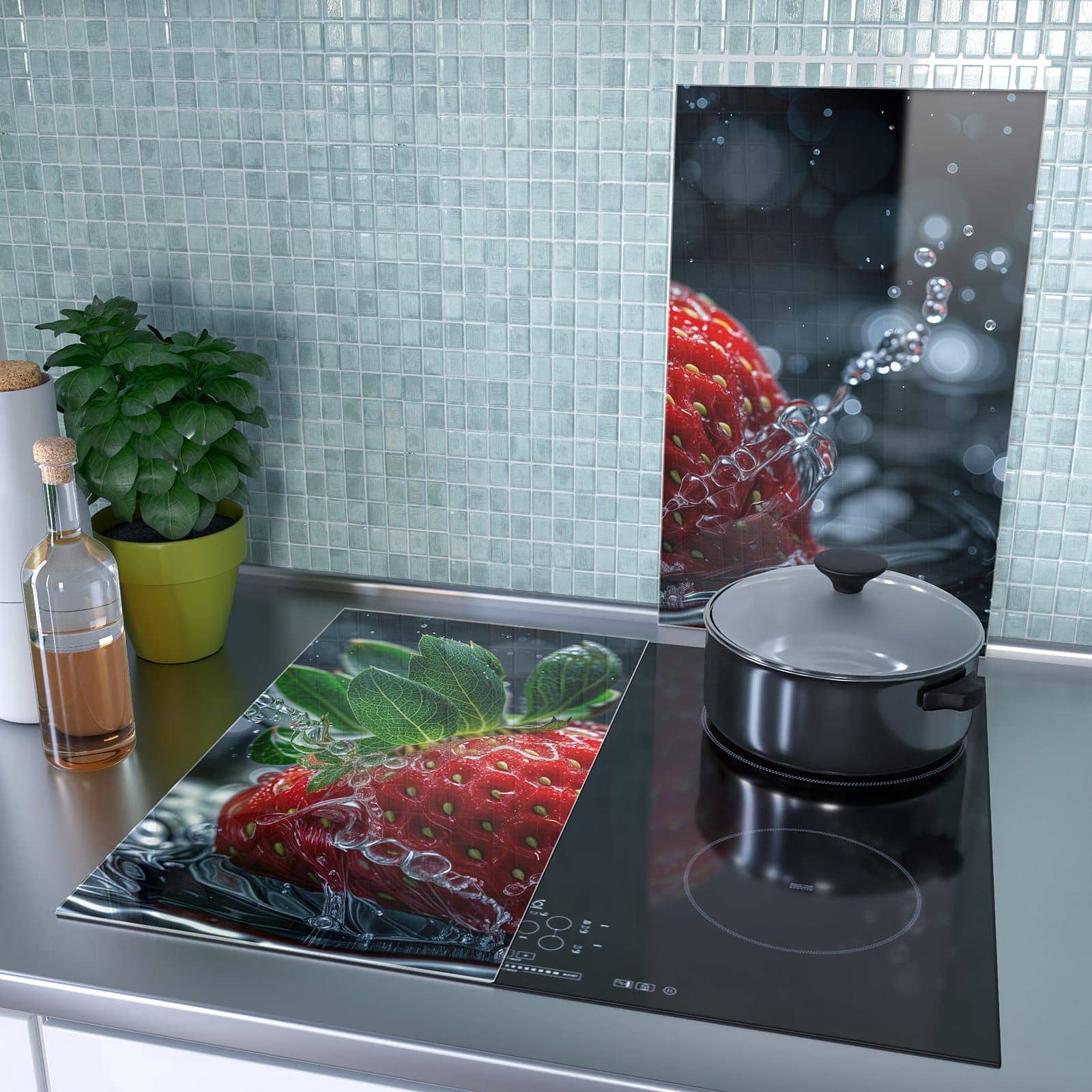 2-teilige Herdabdeckplatte mit Erdbeere im Wasser-Motiv als Spritzschutz hinter dem Kochfeld