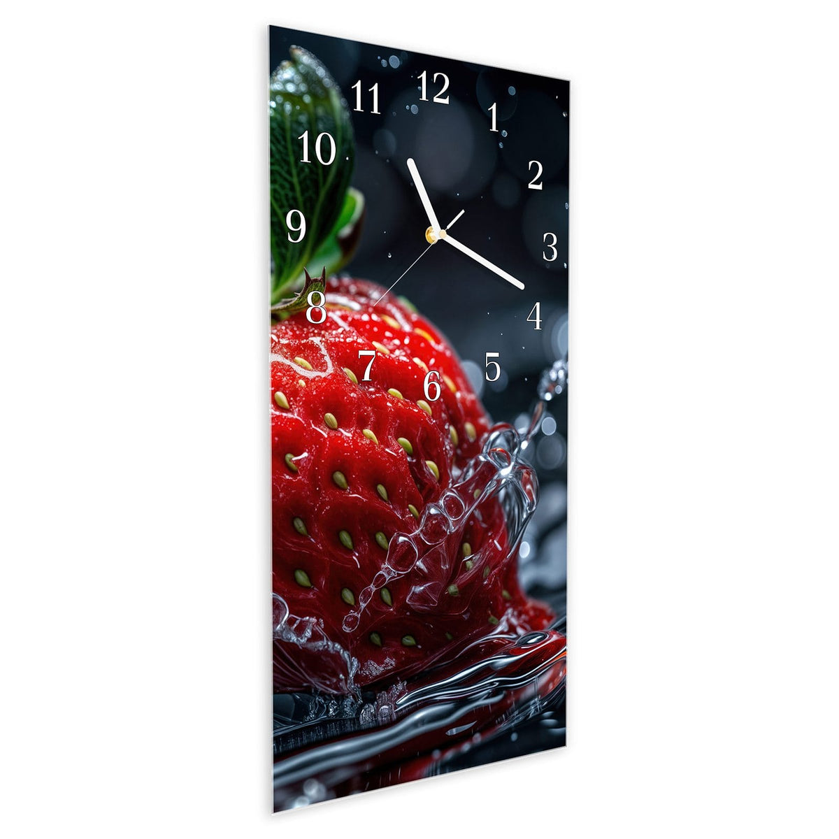 Vormontiert – mit Schwebeeffekt – Wanduhr Erdbeere im Wasser aus Glas – Hochformat 30 × 60 cm