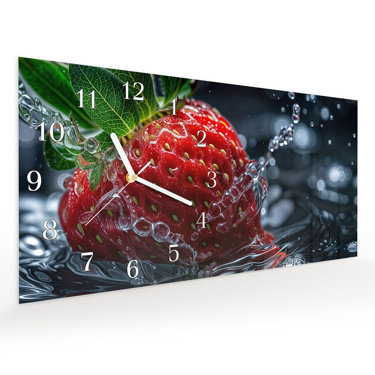 Vormontiert – mit Schwebeeffekt – Wanduhr Erdbeere im Wasser aus Glas – Querformat 60 × 30 cm