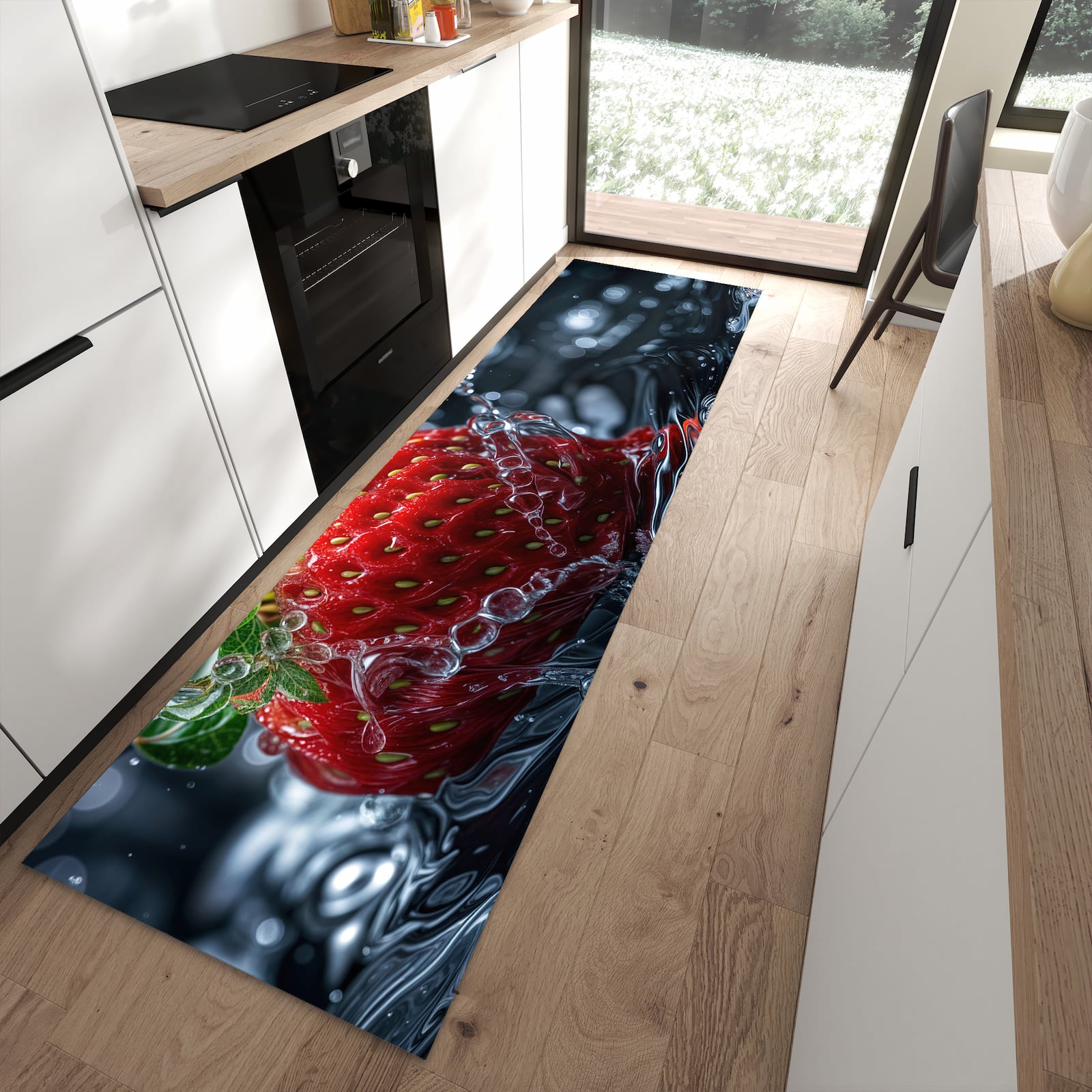 Langlebiger Küchenläufer mit Motiv Erdbeere im Wasser in moderner Küche
