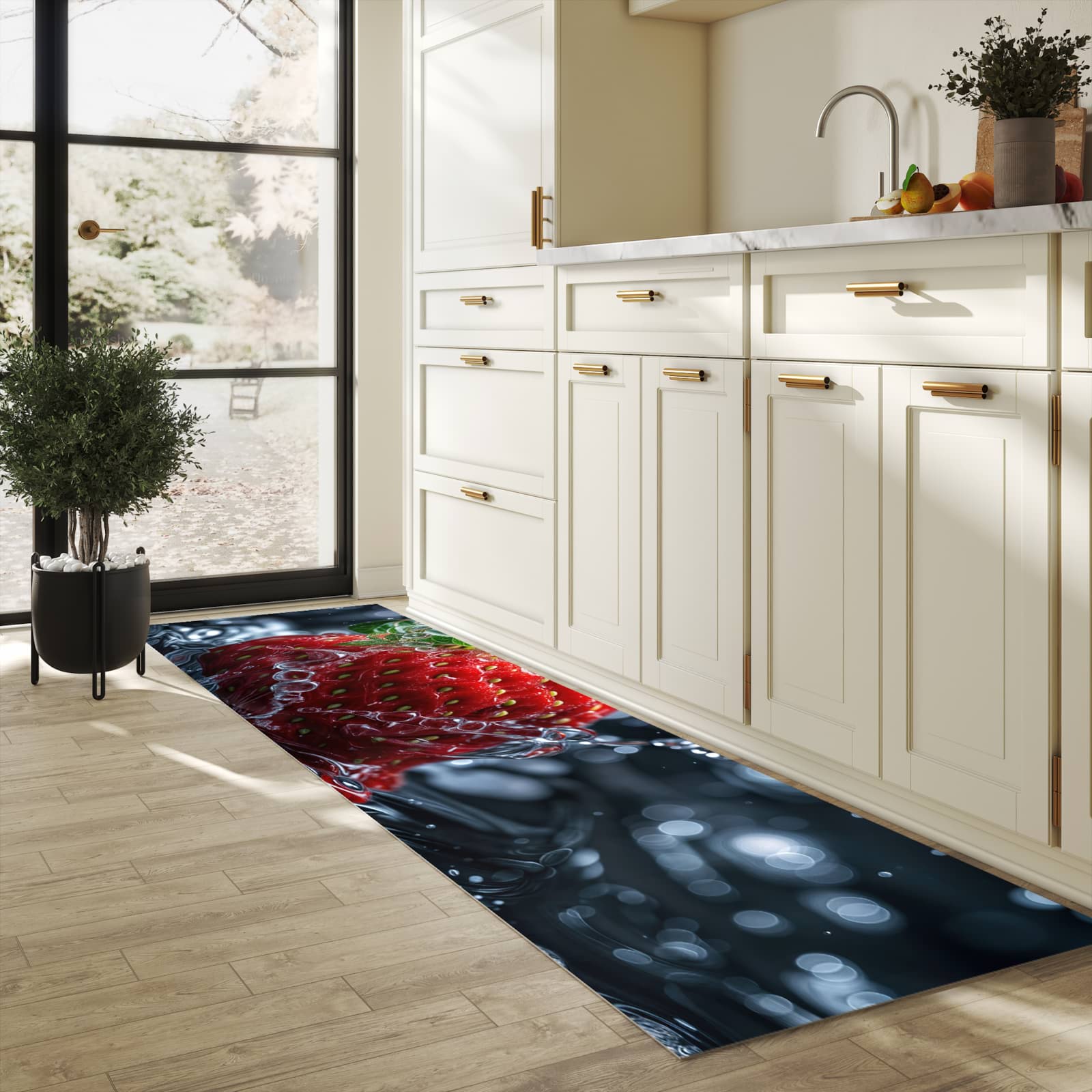 Schmutzabweisender Küchenläufer mit Motiv Erdbeere im Wasser in heller Küche