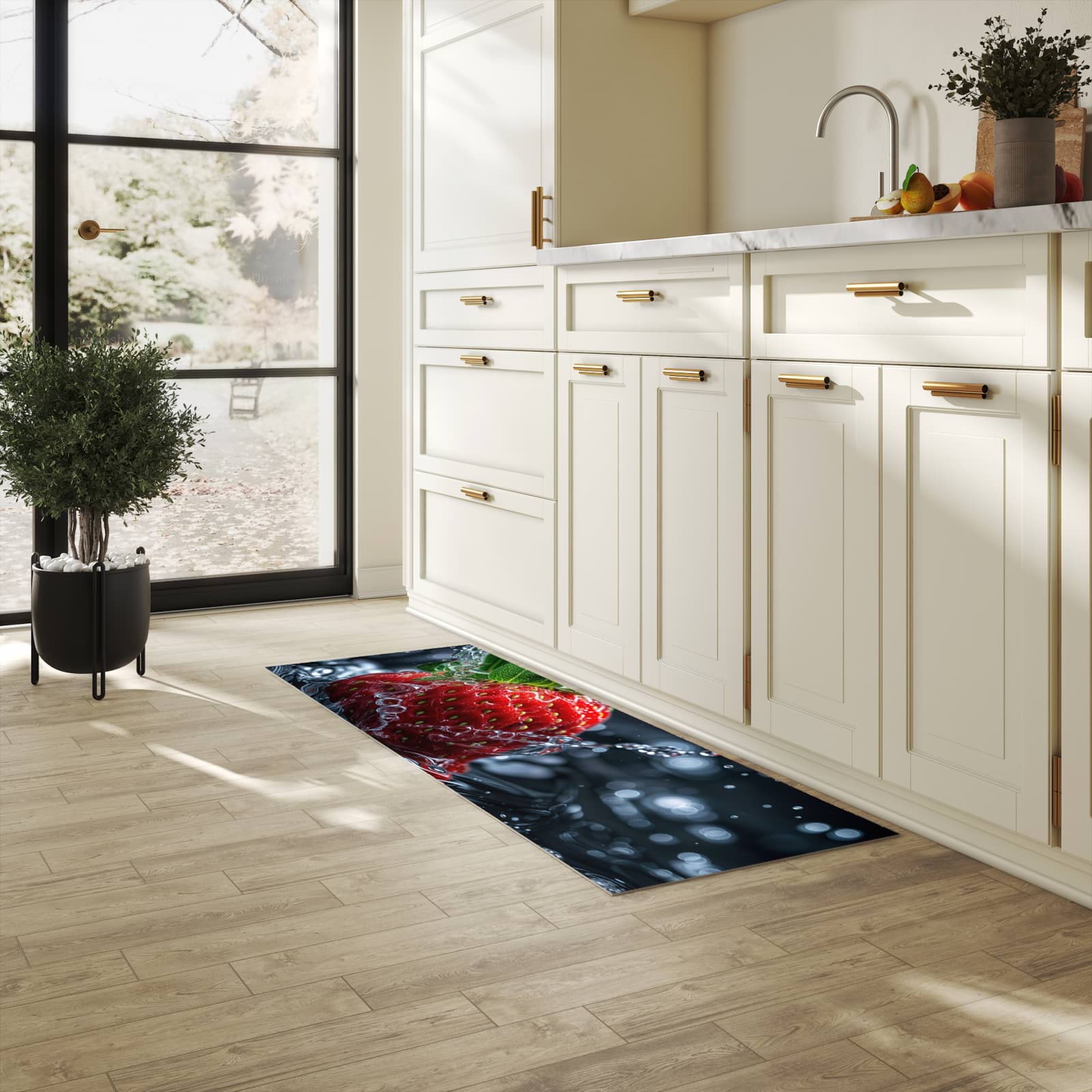 Rutschfester Küchenteppich mit Motiv Erdbeere im Wasser in heller Küche für sicheren Stand