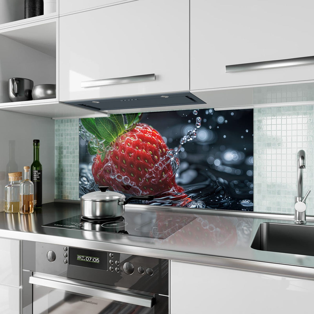 Küchenrückwand aus Glas Erdbeere auf Schwarz im Hochformat als Spritzschutz hinter dem Kochfeld, über dem Fliesenspiegel montiert