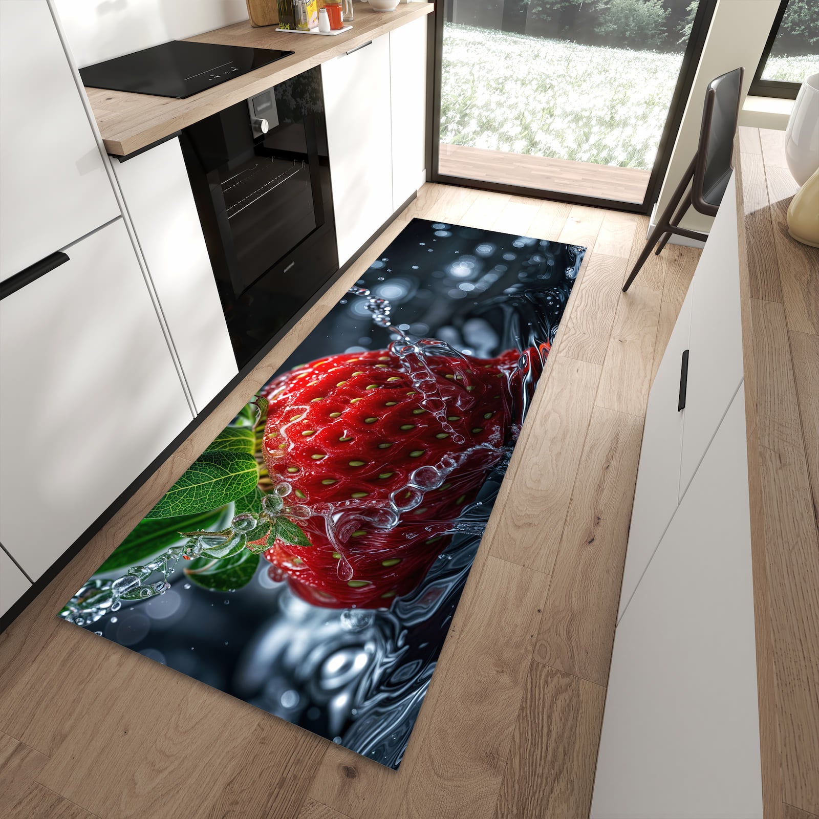 Bodenschonender Küchenteppich mit Motiv Erdbeere im Wasser in moderner Küche
