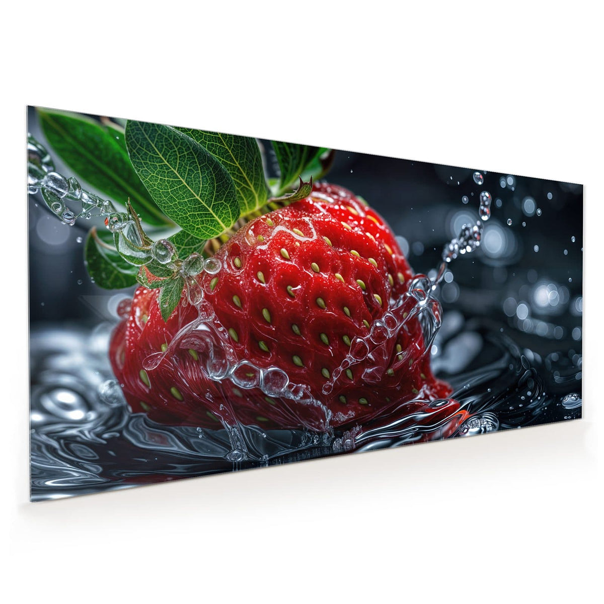 Küchenrückwand aus Glas im Hochformat: Große Erdbeere mit grünen Blättern und Wasserfilm vor schwarzem Bokeh