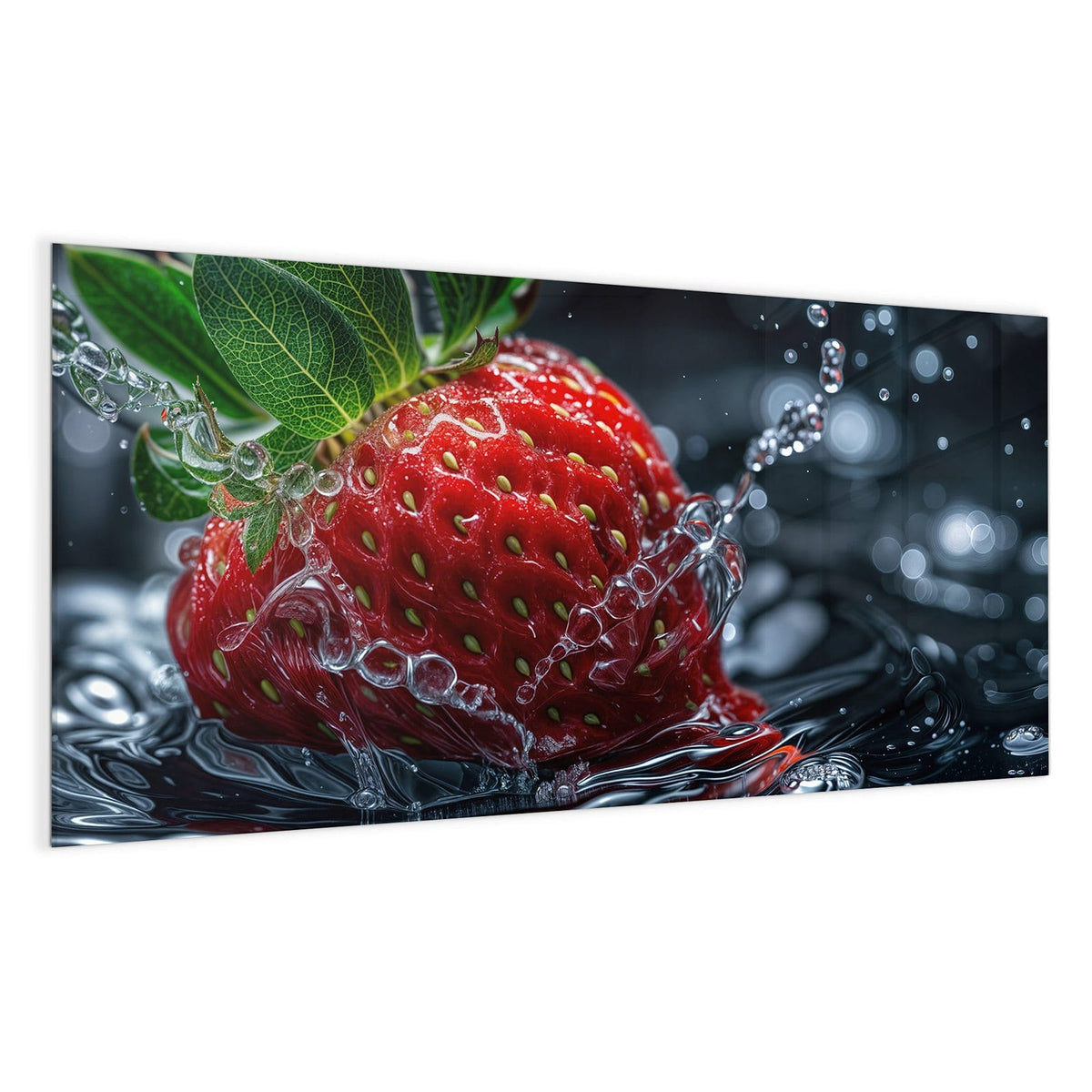 Große Erdbeere mit grünen Blättern und Wasserfilm vor schwarzem Bokeh