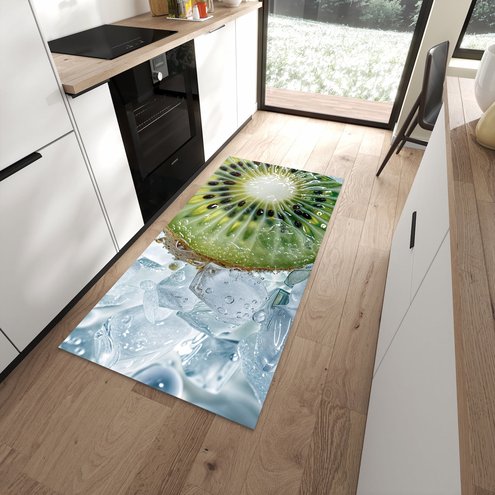 Geruchsneutraler abwaschbarer Küchenteppich mit Motiv Kiwi im Eis in moderner Küche