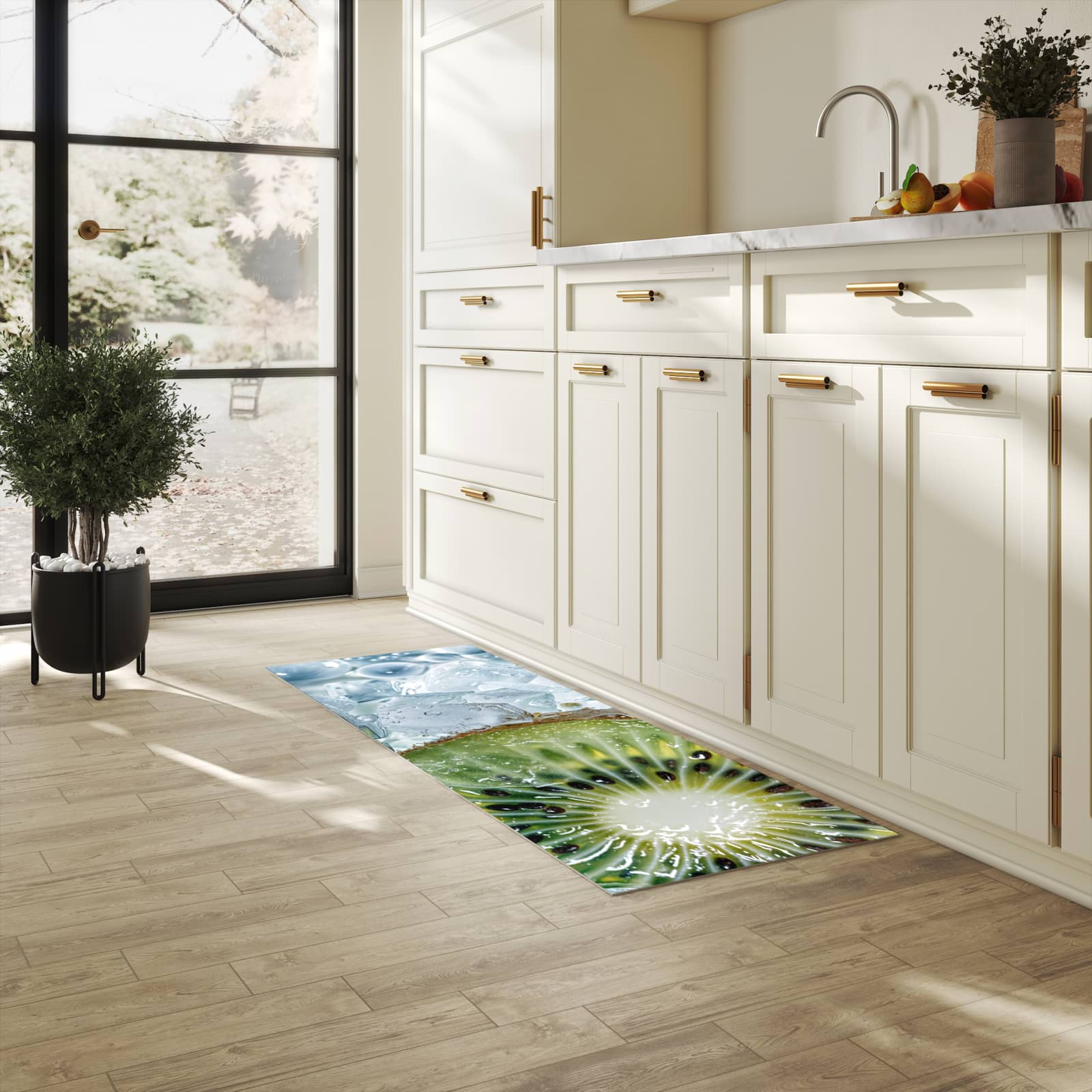 Waschbarer Teppich fürs Esszimmer mit Motiv Kiwi im Eis in heller Küche