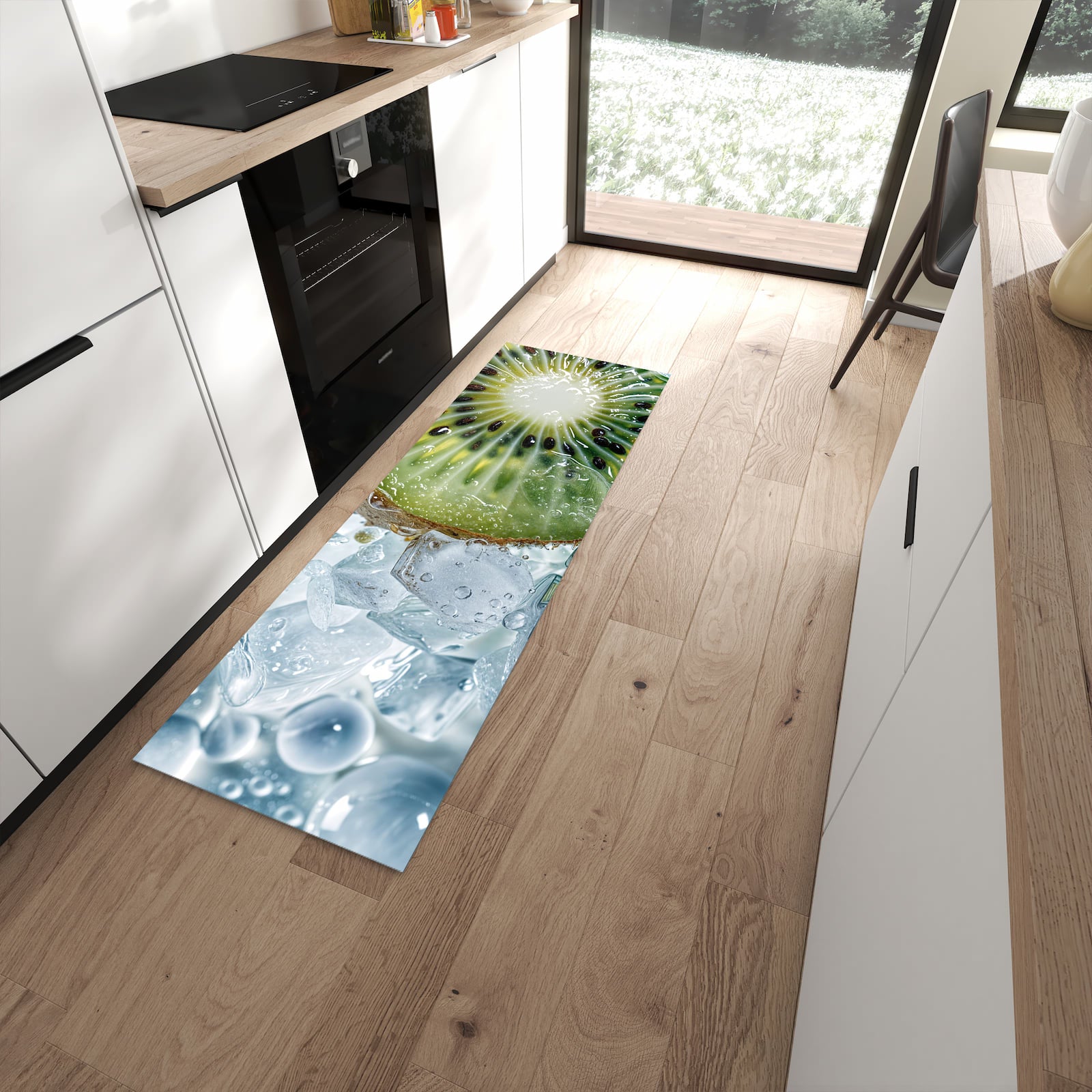 Rutschfester Küchenläufer mit Motiv Kiwi im Eis für sicheren Stand in moderner Küche