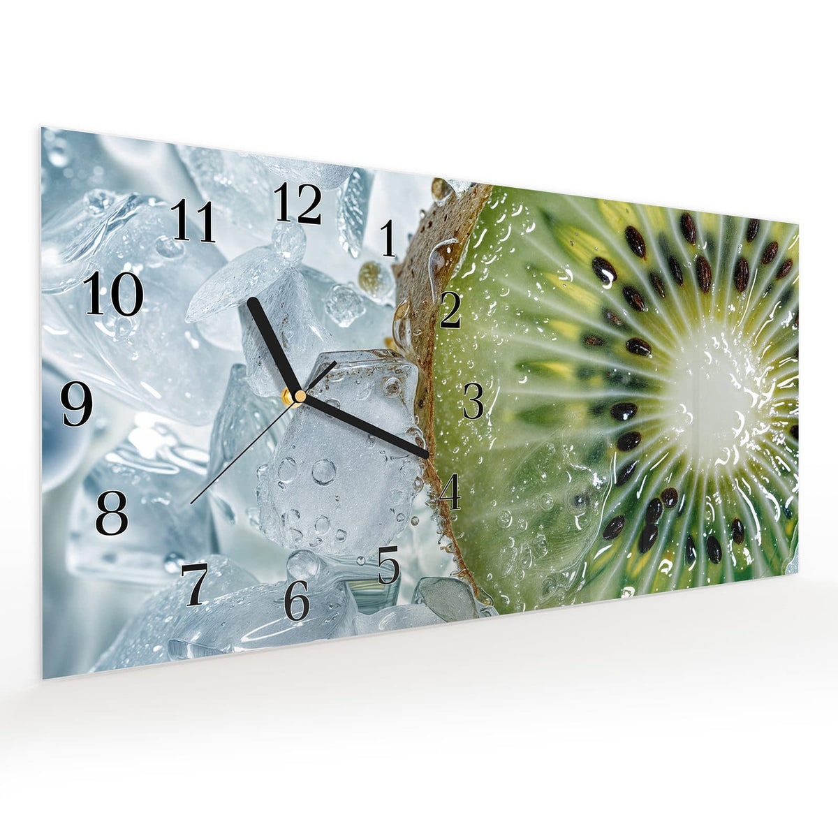 Vormontiert – mit Schwebeeffekt – Wanduhr Kiwi im Eis aus Glas – Querformat 60 × 30 cm