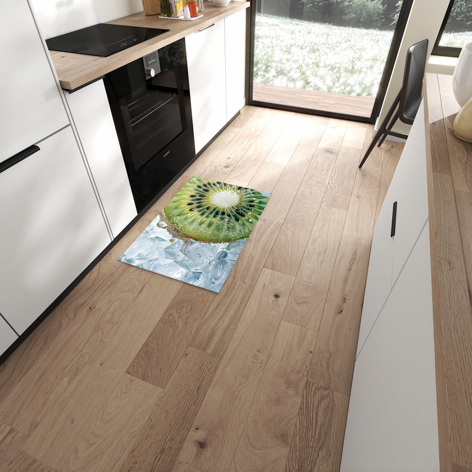 UV-beständiger Küchenläufer mit Motiv Kiwi im Eis in moderner Küche
