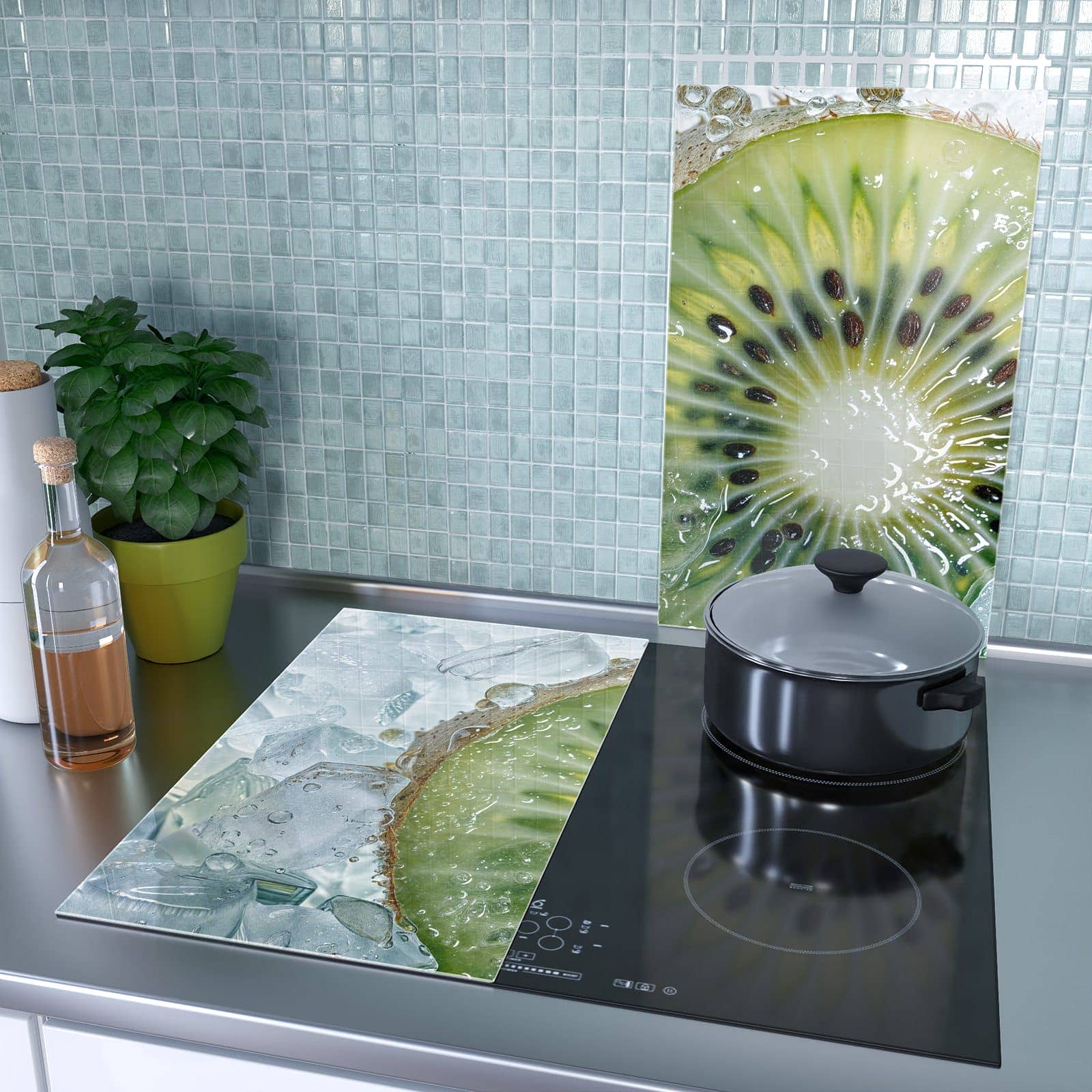 2-teilige Abdeckplatten für Ceranfeld mit Kiwi im Eis-Motiv als Spritzschutz hinter dem Kochfeld
