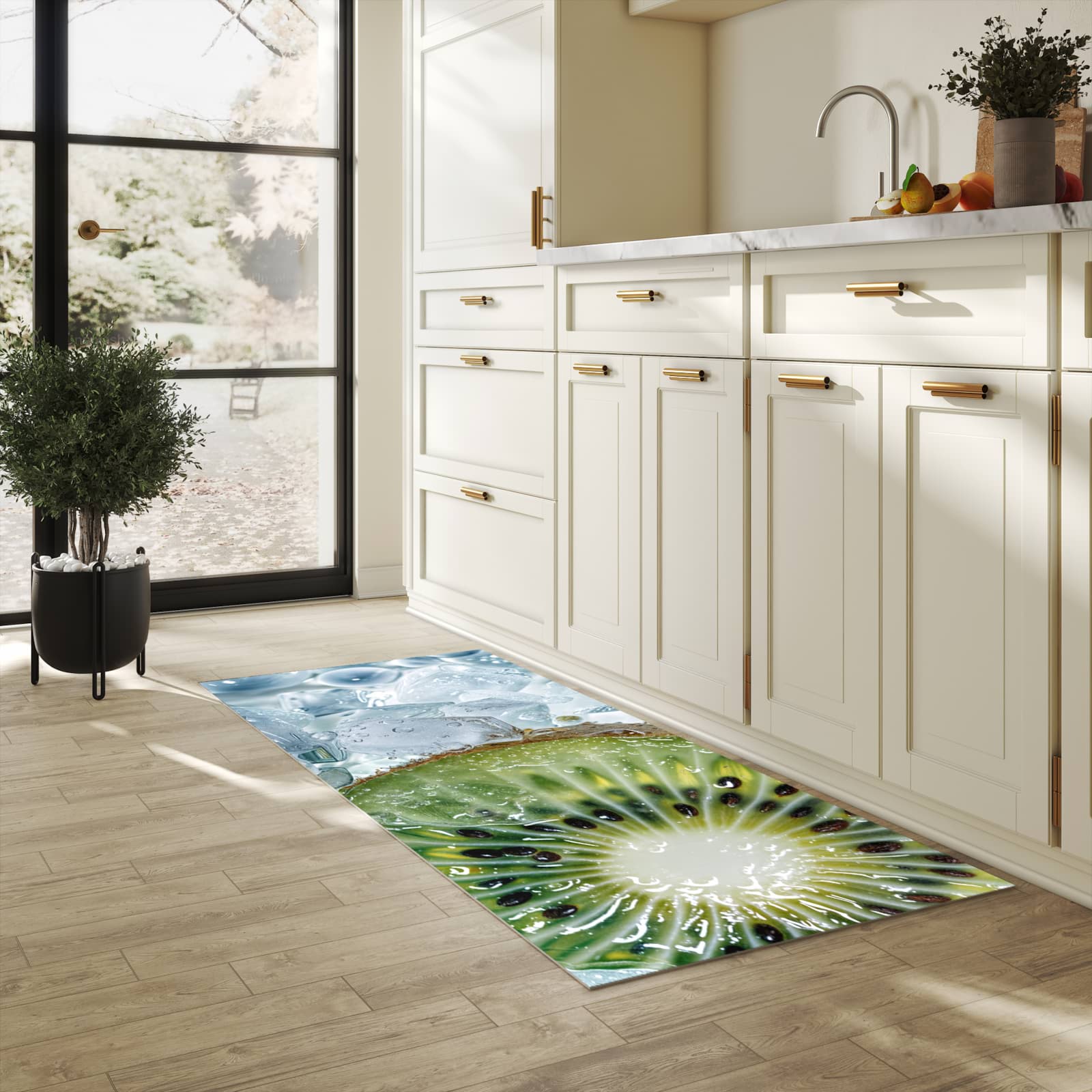 Langlebiger Küchenteppich mit Motiv Kiwi im Eis in heller Küche