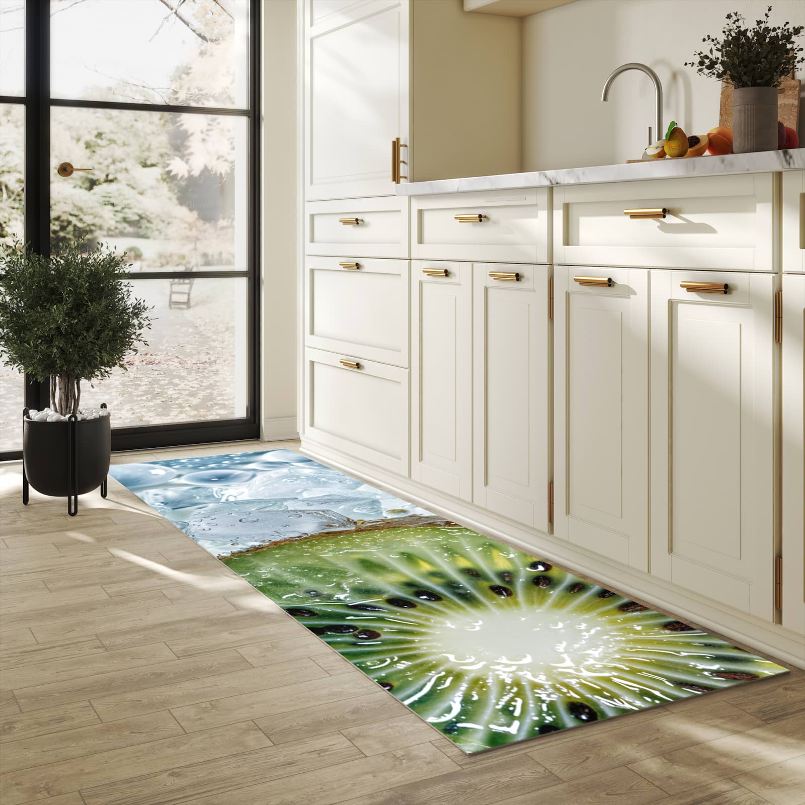 Feuchtigkeitsresistenter Küchenteppich mit Motiv Kiwi im Eis in heller Küche