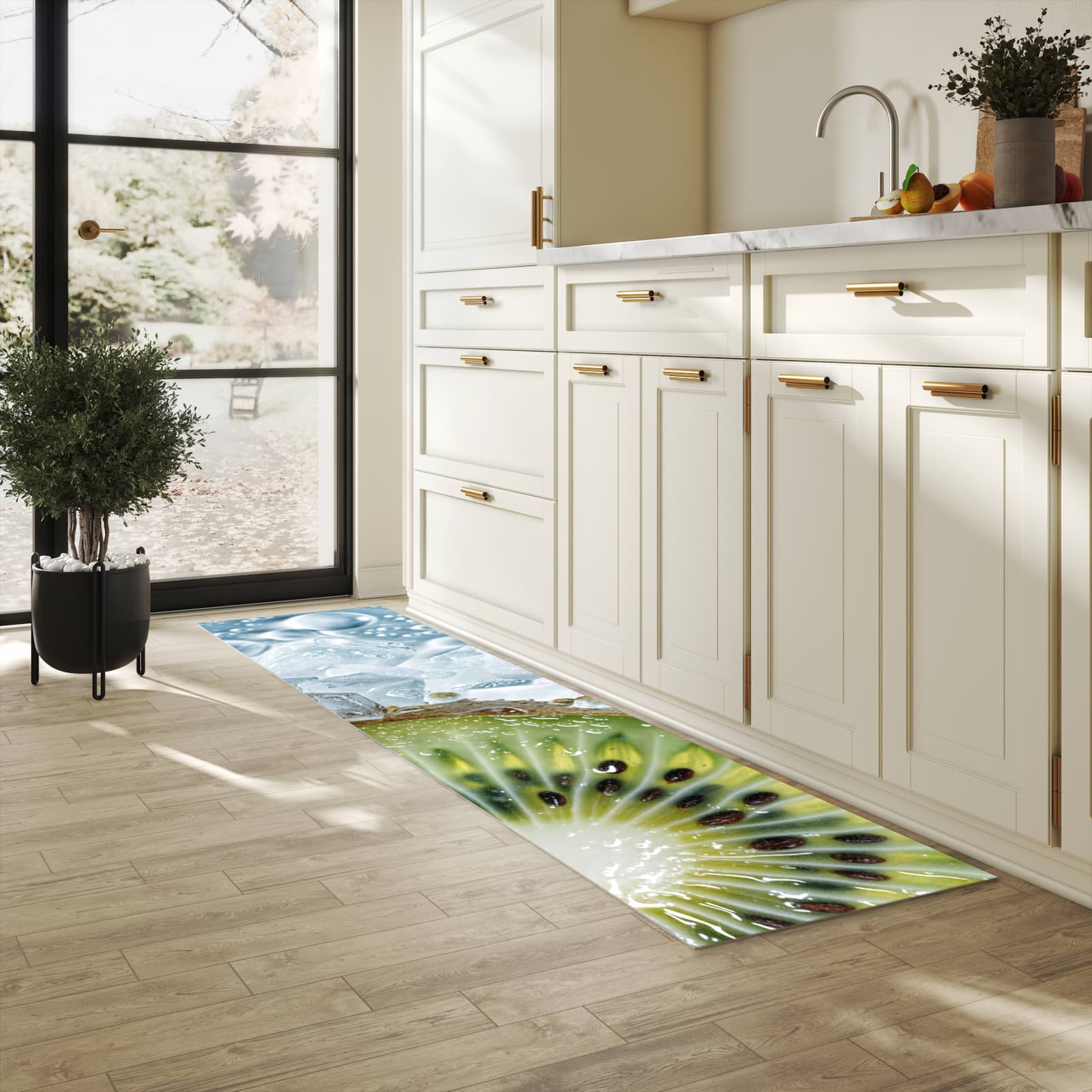 Hygienischer rutschfester Küchenteppich mit Motiv Kiwi im Eis in heller Küche