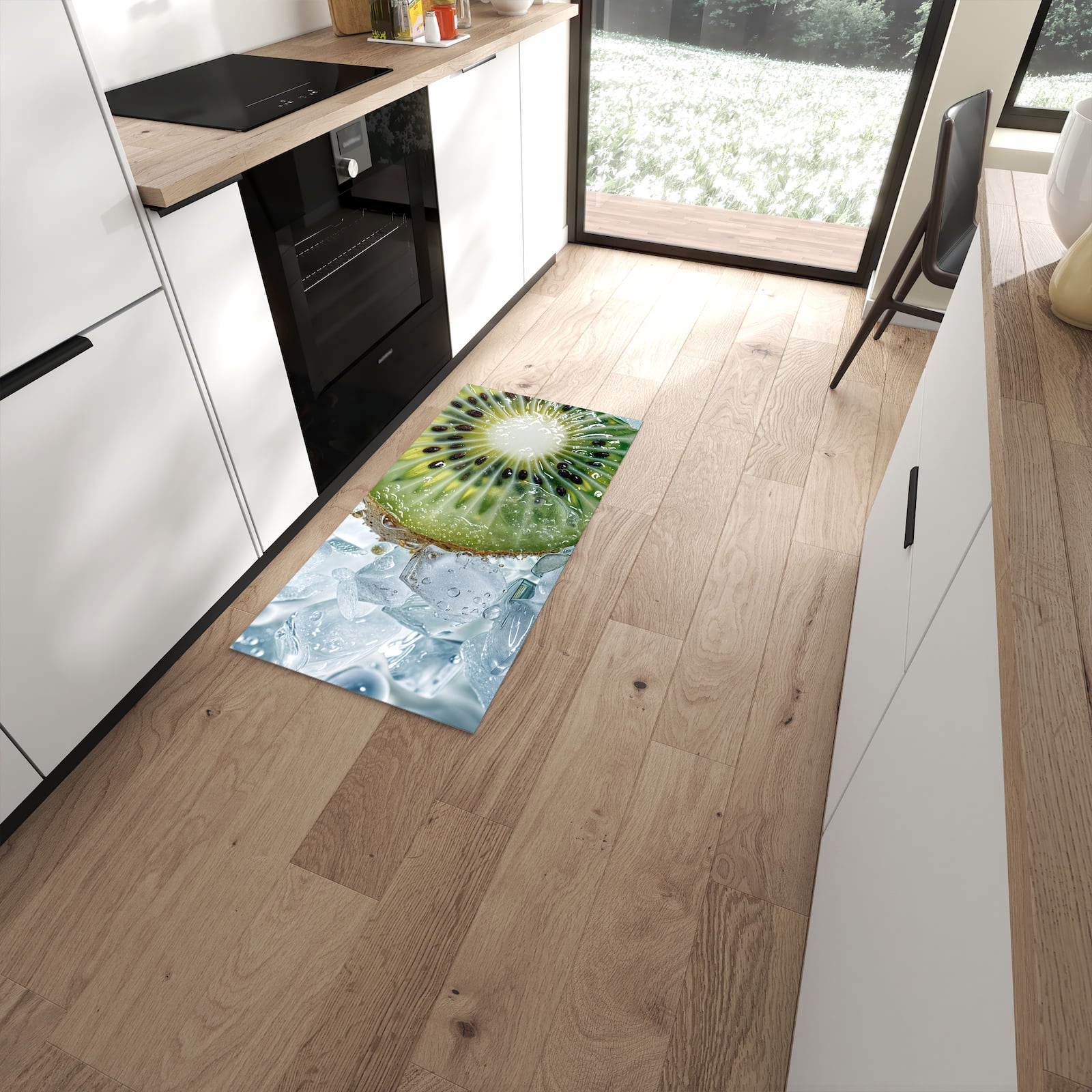 Farbbeständiger waschbarer Küchenläufer mit Motiv Kiwi im Eis in moderner Küche #grösse_60 x 120 cm