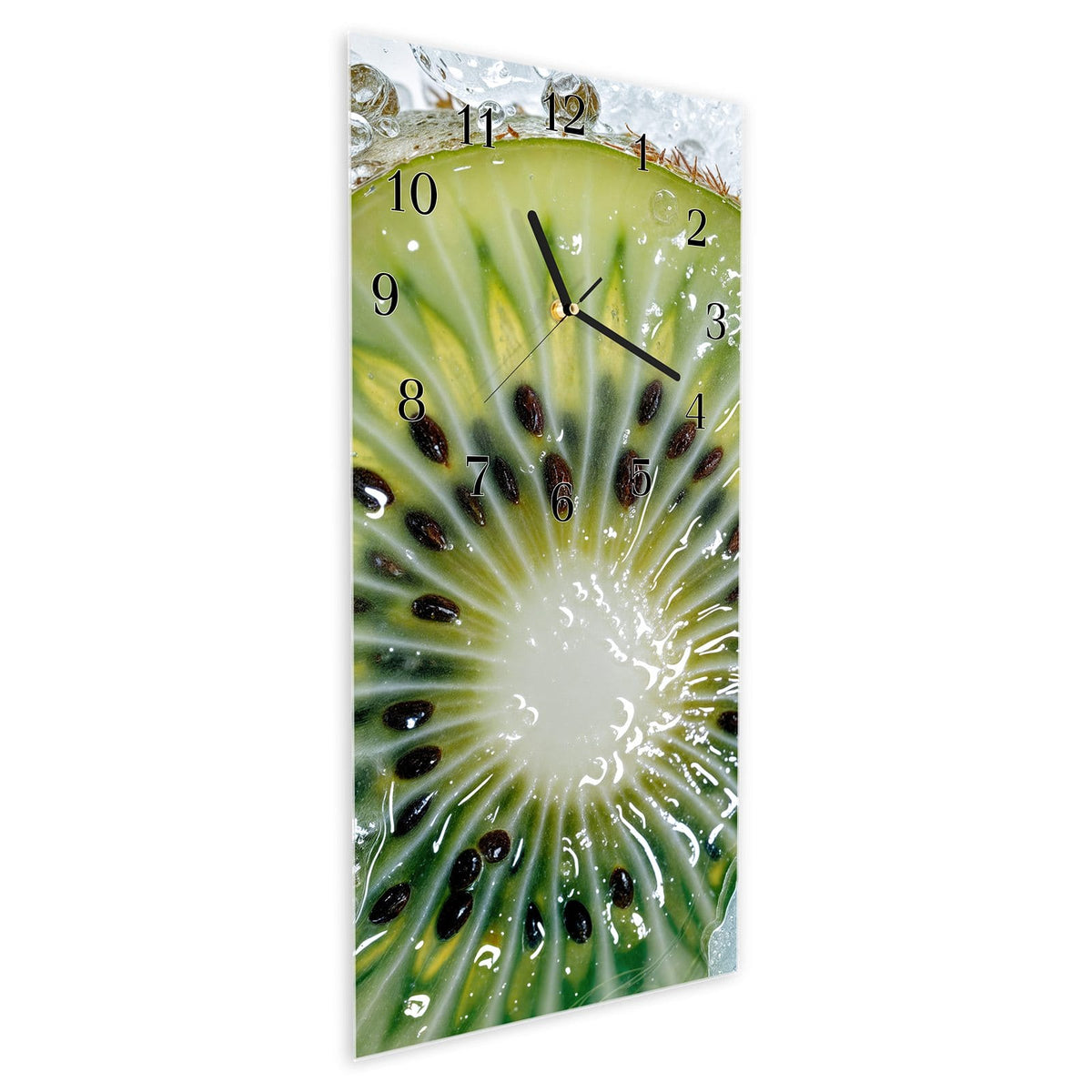 Vormontiert – mit Schwebeeffekt – Wanduhr Kiwi im Eis aus Glas – Hochformat 30 × 60 cm