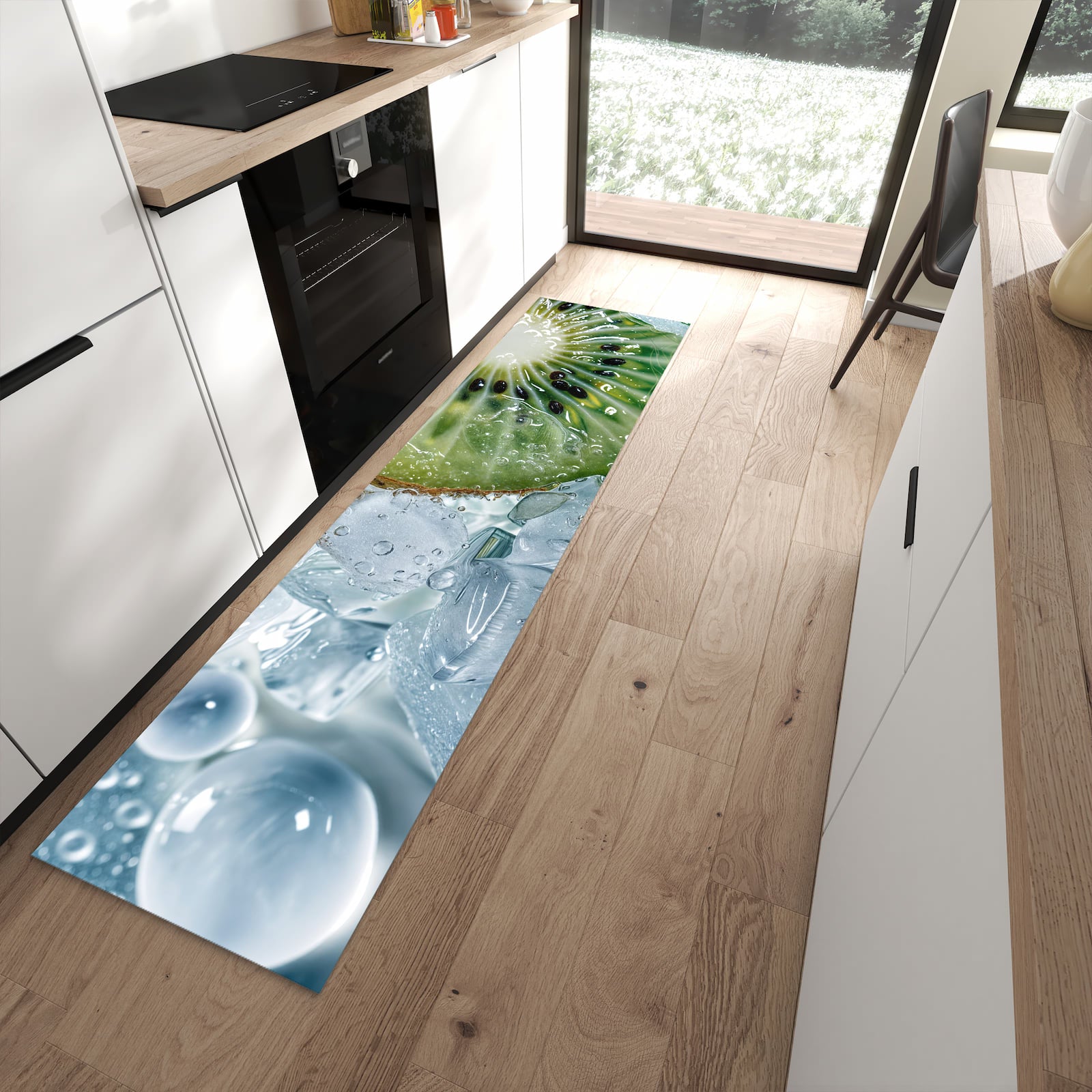 Zeitsparender rutschfester Küchenläufer mit Motiv Kiwi im Eis in moderner Küche