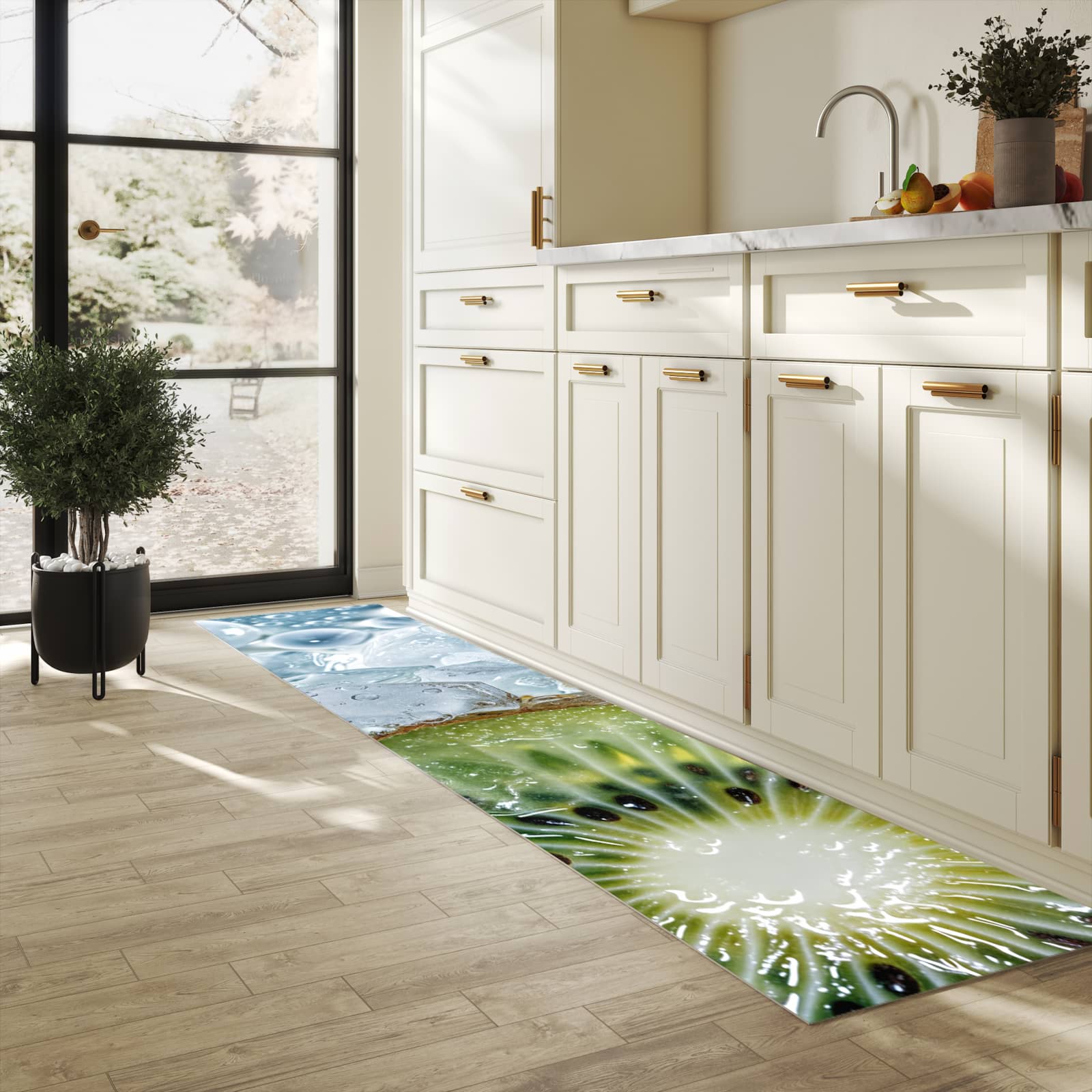 Strapazierfähiger Bodenläufer mit Motiv Kiwi im Eis in heller Küche