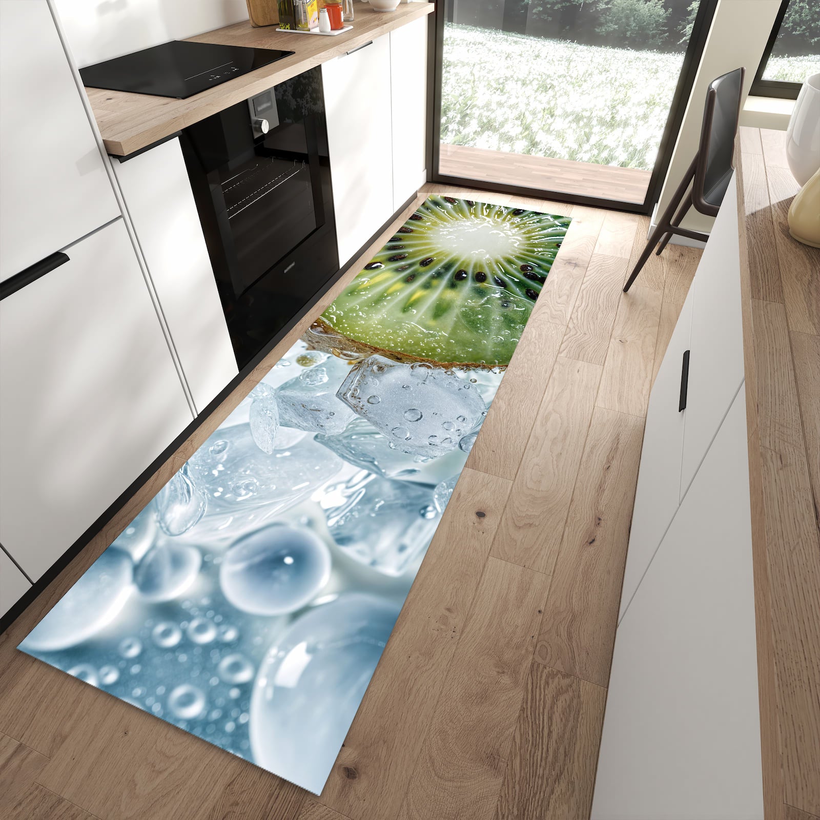 Fleckenresistenter moderner Küchenläufer mit Motiv Kiwi im Eis in moderner Küche
