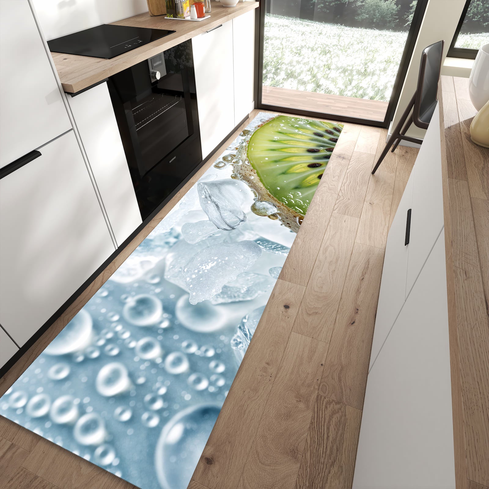 Schmutzabweisender Küchenläufer mit Motiv Kiwi im Eis in moderner Küche