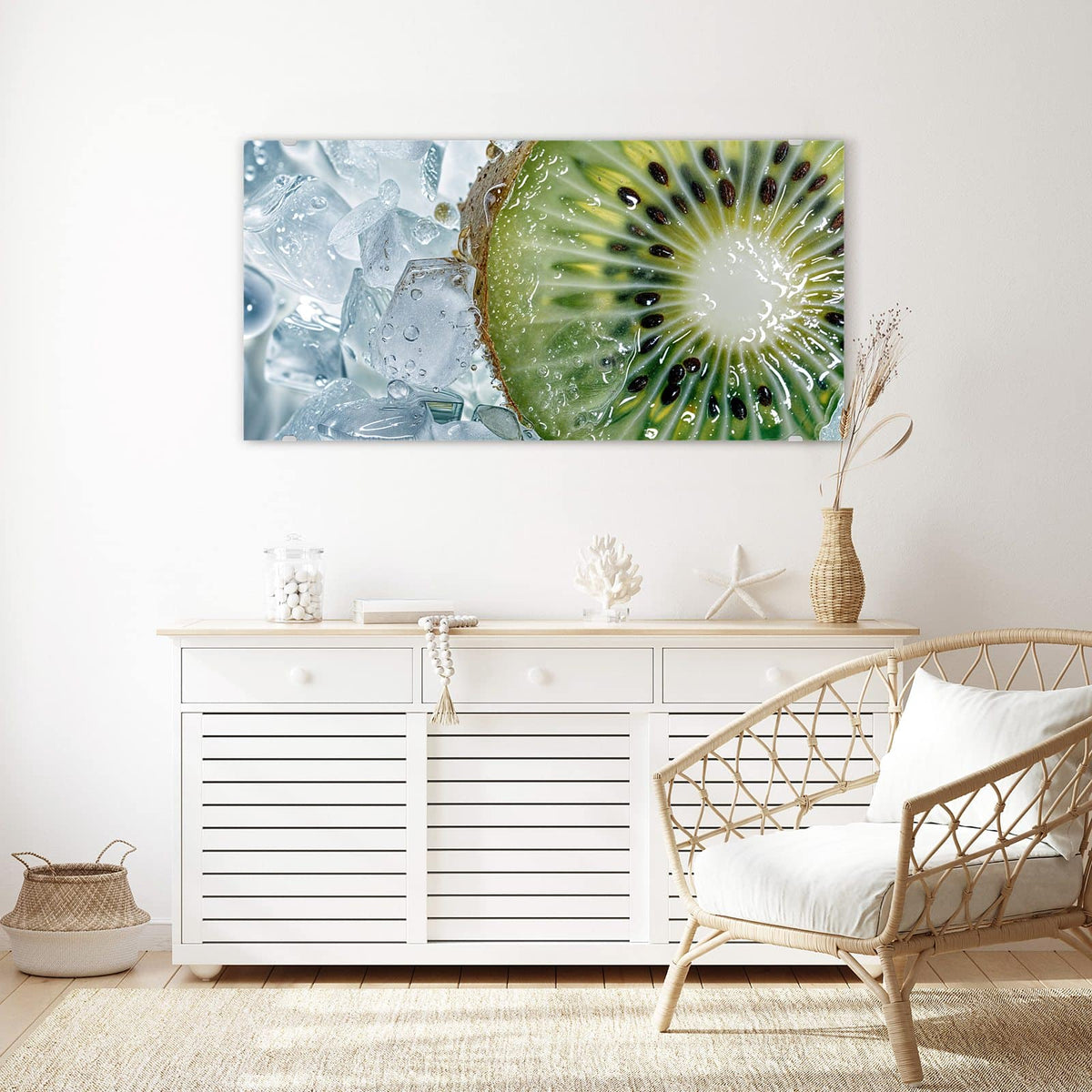 Echtglas, 4 mm – kein Acryl, keine Folie – Wandbild - Kiwischeibe auf Eis - Querformat