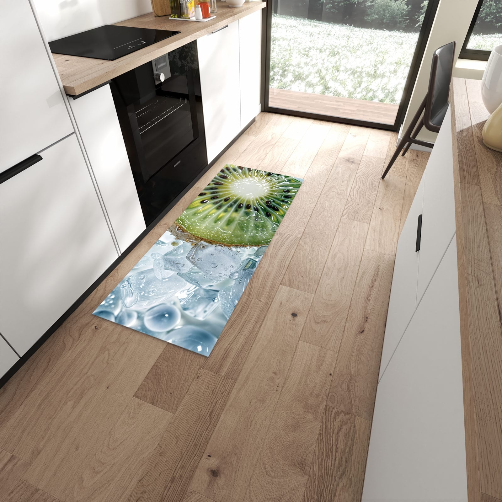 Formstabiler rutschfester Küchenläufer mit Motiv Kiwi im Eis in moderner Küche #grösse_60 x 150 cm