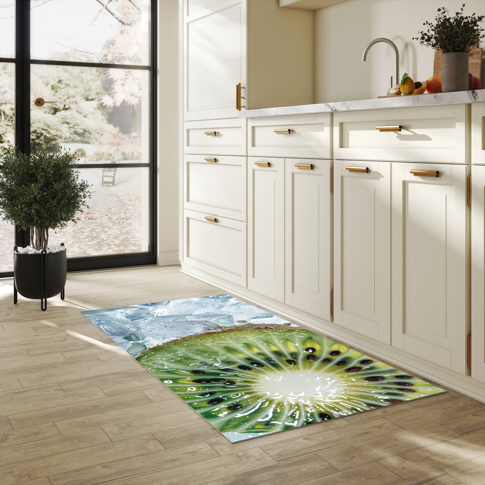 Küchenteppich mit Motiv Kiwi im Eis für Ordnung in heller Küche