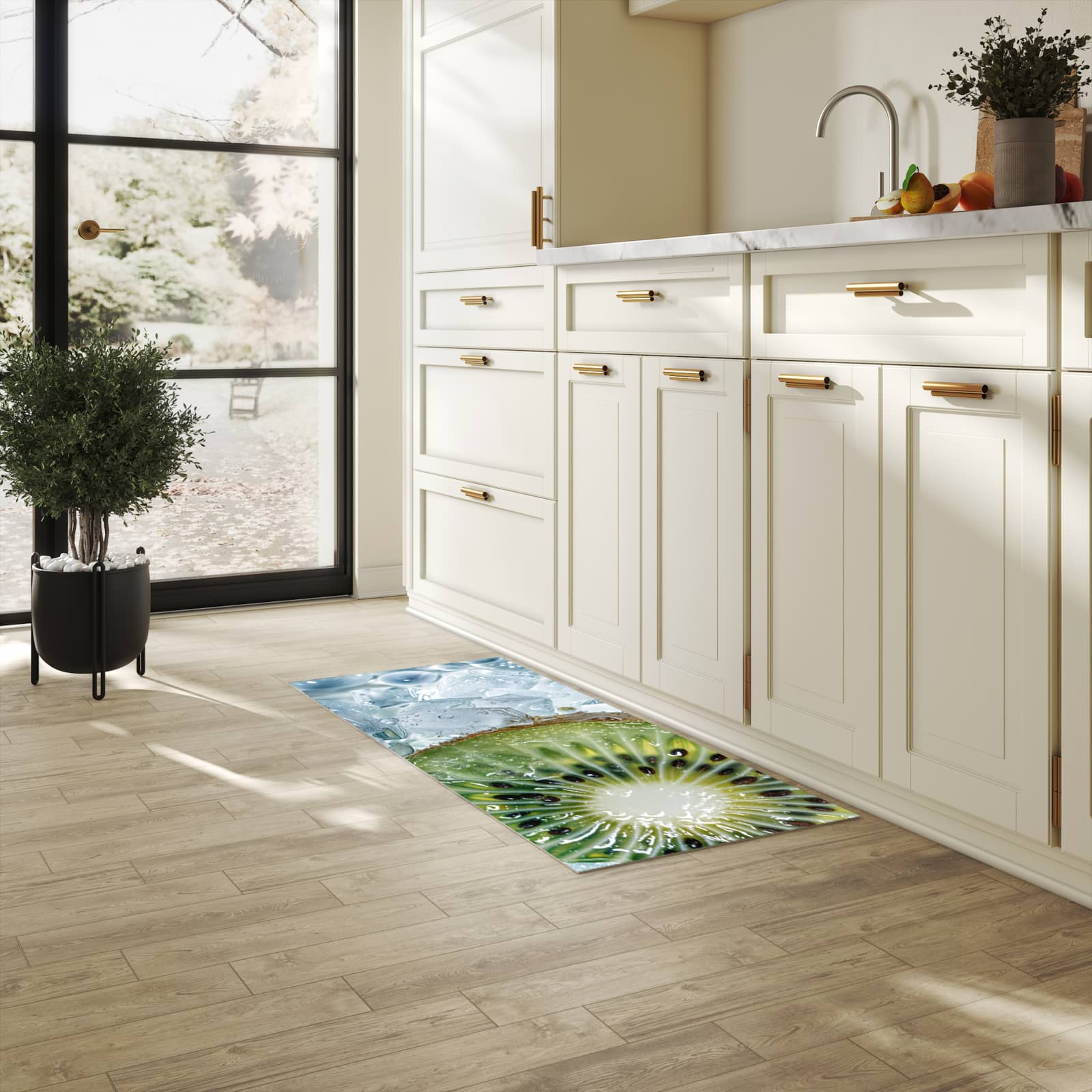 Rutschfester dünner Küchenteppich mit Motiv Kiwi im Eis in heller Küche