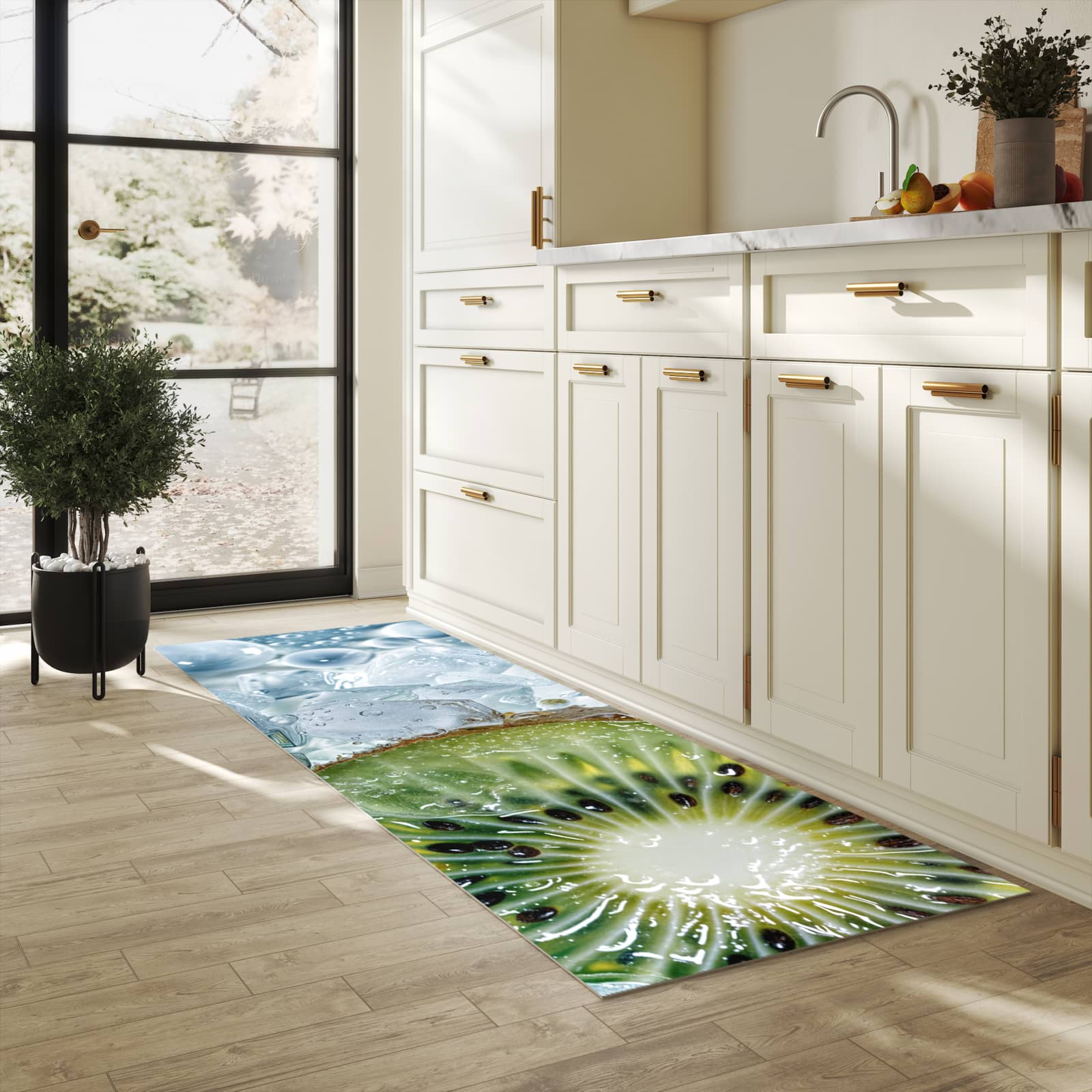 Rutschfester Küchenteppich mit Motiv Kiwi im Eis in heller Küche