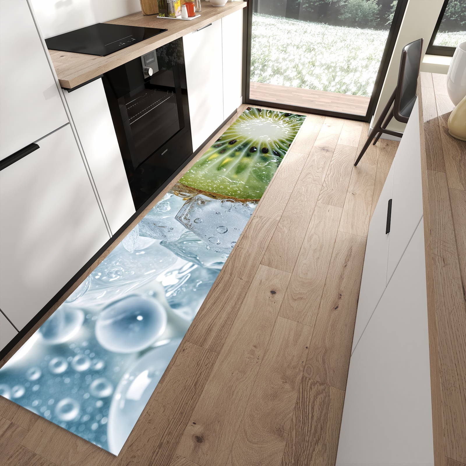 Abriebfester rutschfester Küchenläufer mit Motiv Kiwi im Eis in moderner Küche