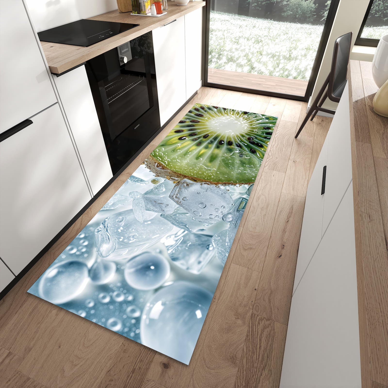 Langlebiger Küchenläufer mit Motiv Kiwi im Eis in moderner Küche