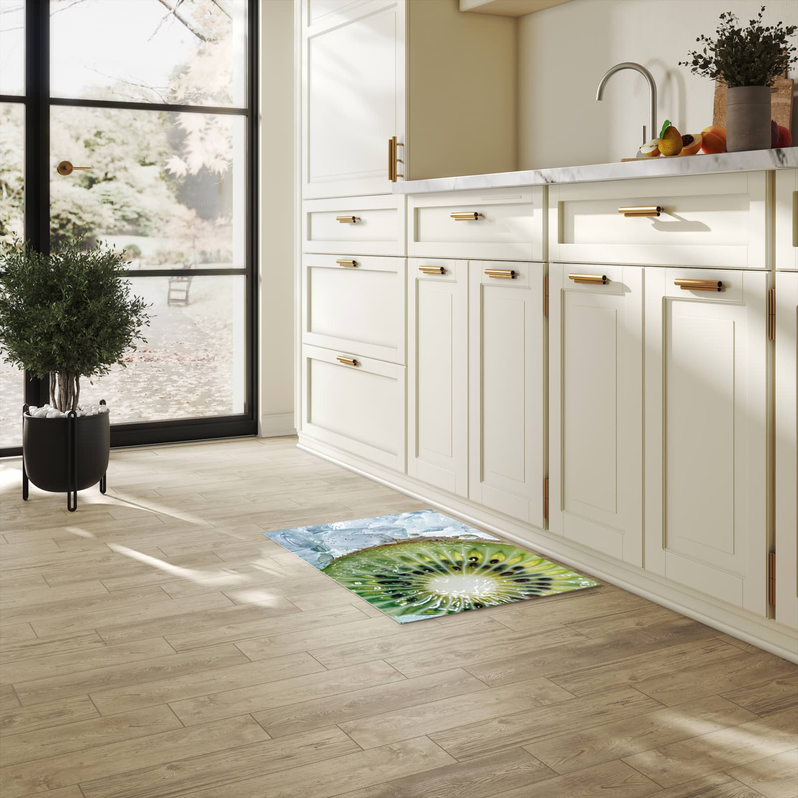 Waschbarer Bodenläufer Teppich mit Motiv Kiwi im Eis in heller Küche