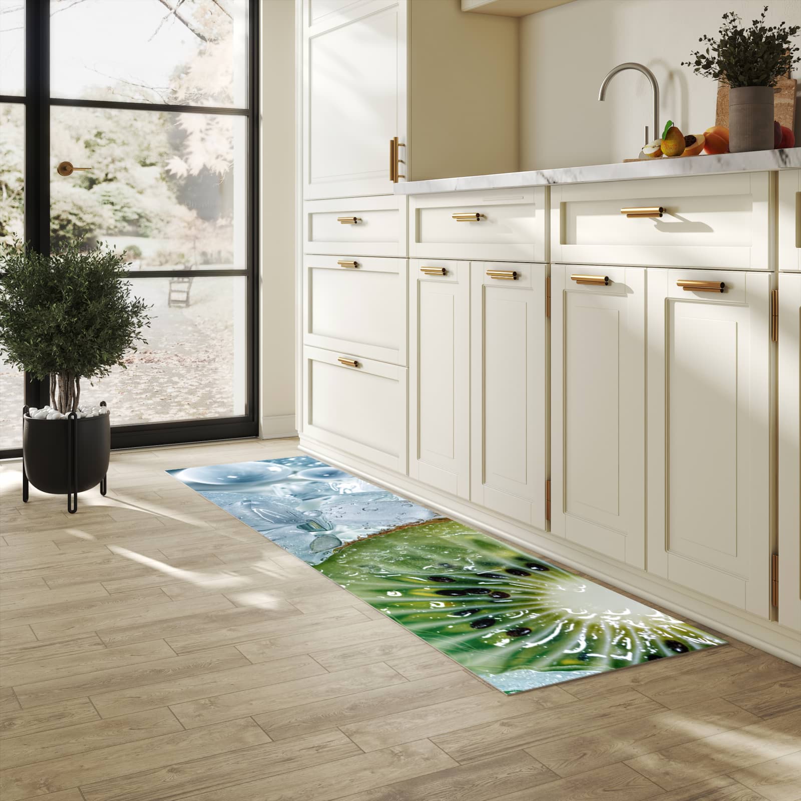 Küchenteppich mit angenehmer Haptik und Motiv Kiwi im Eis in heller Küche, waschbar