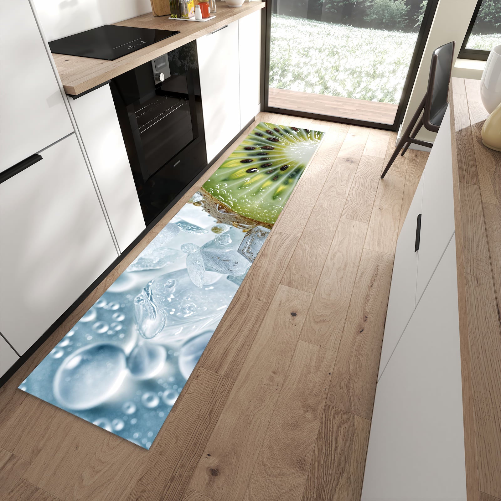 Geräuschdämpfender waschbarer Küchenläufer mit Motiv Kiwi im Eis in moderner Küche