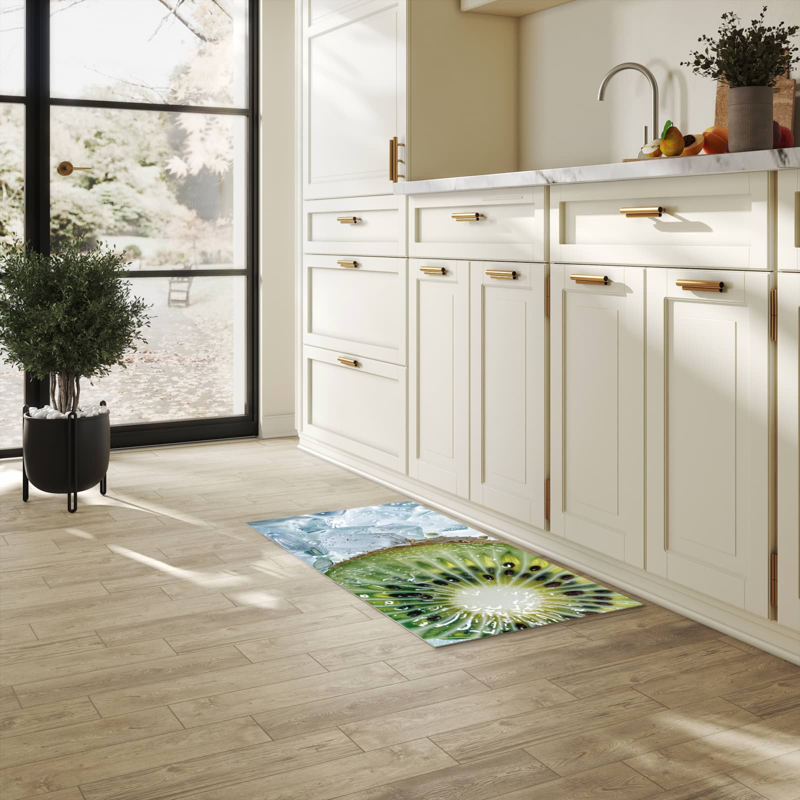 Komfortabler rutschfester Küchenteppich mit Motiv Kiwi im Eis in heller Küche
