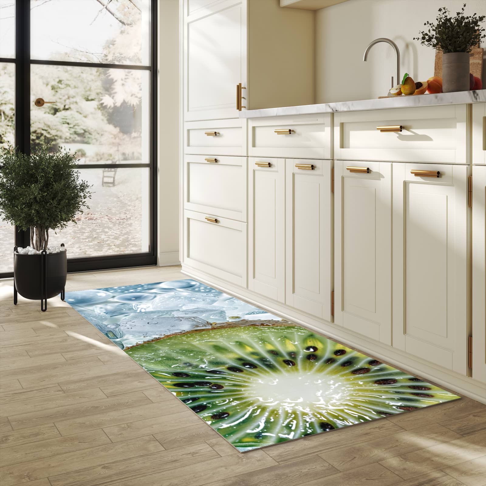 Bodenschonender waschbarer Küchenteppich mit Motiv Kiwi im Eis in heller Küche