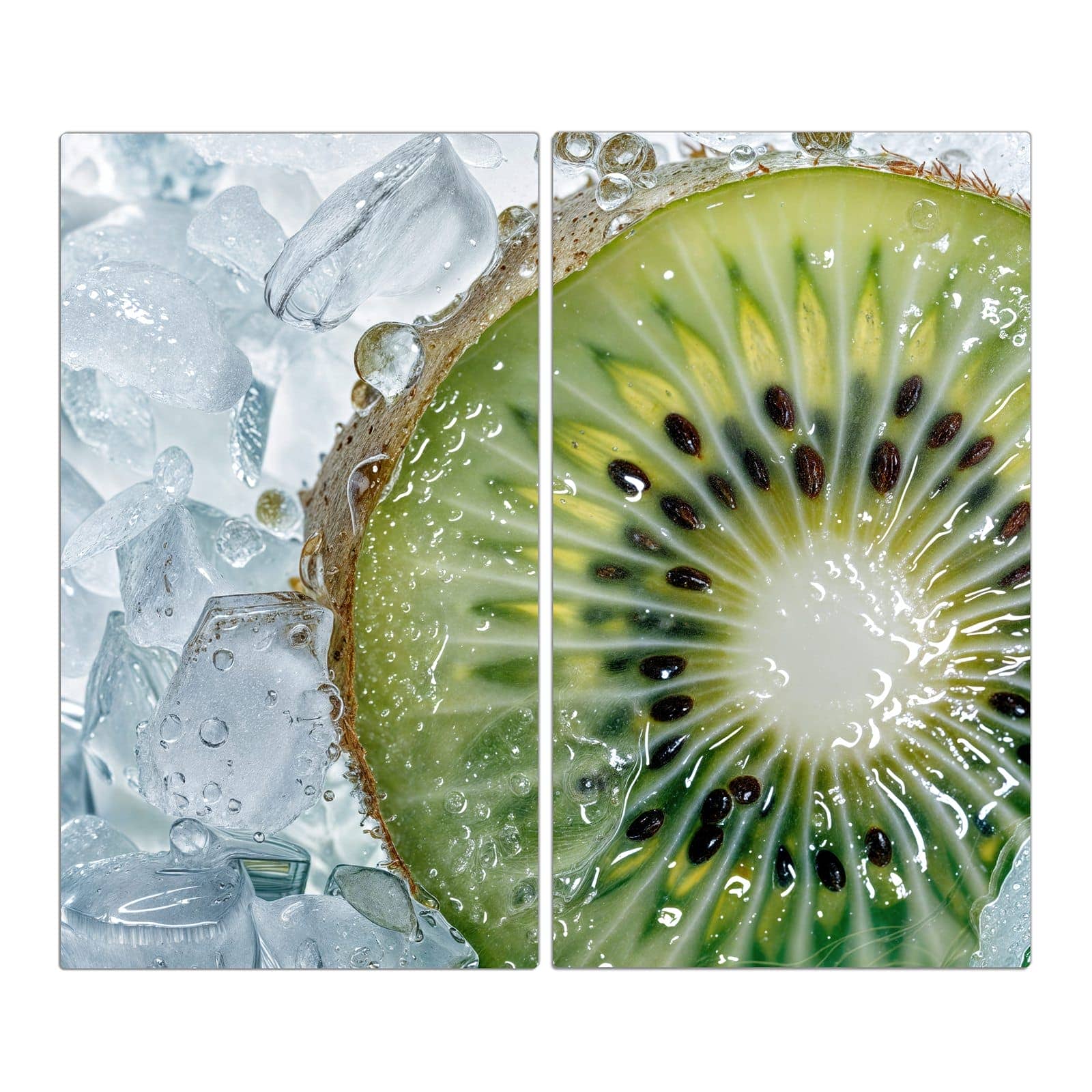 2-teilige Abdeckplatte für Induktionsherd mit Kiwi im Eis-Motiv in der Frontansicht