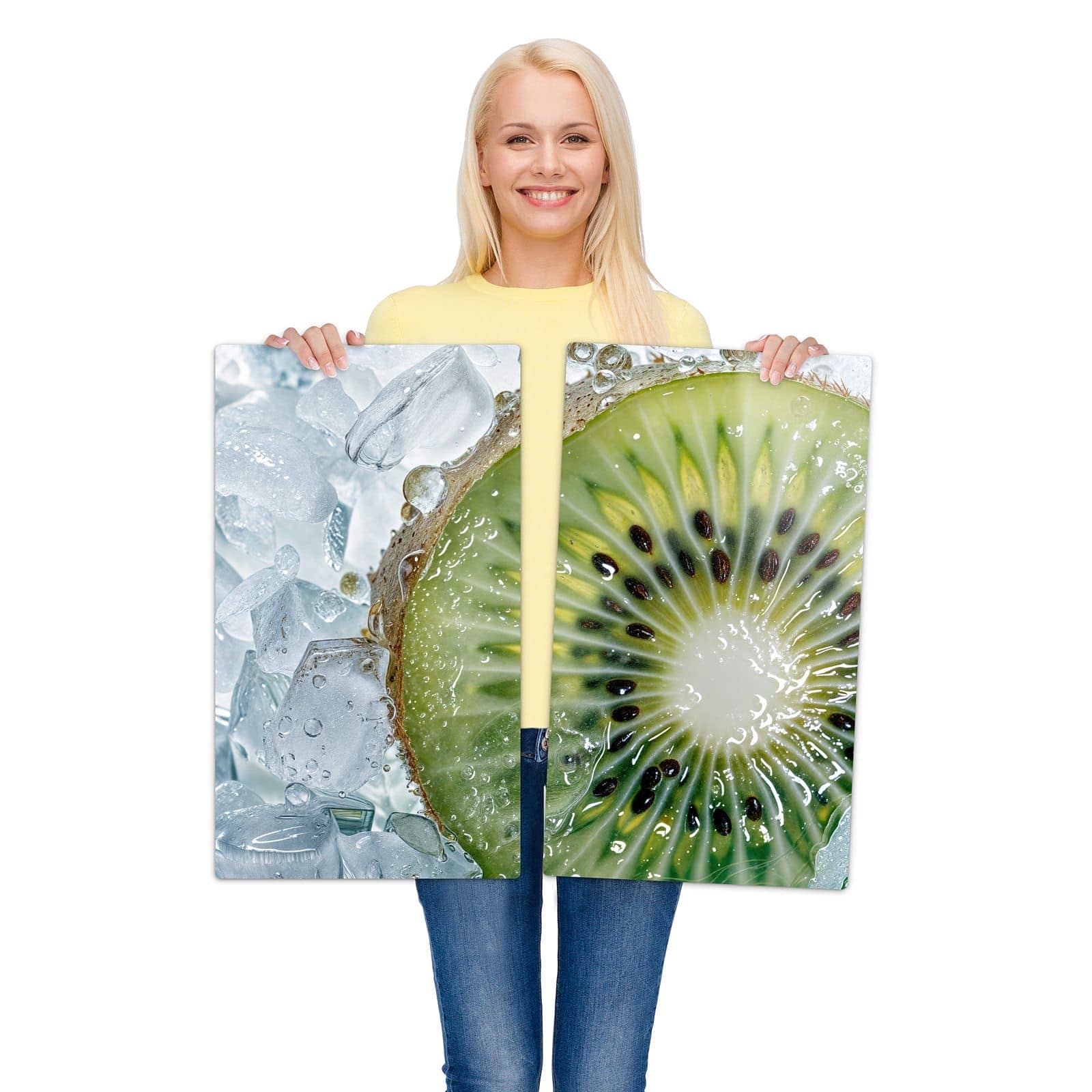 2-teilige Herdabdeckplatten aus Glas mit Kiwi im Eis-Motiv wird zur Größendarstellung gehalten